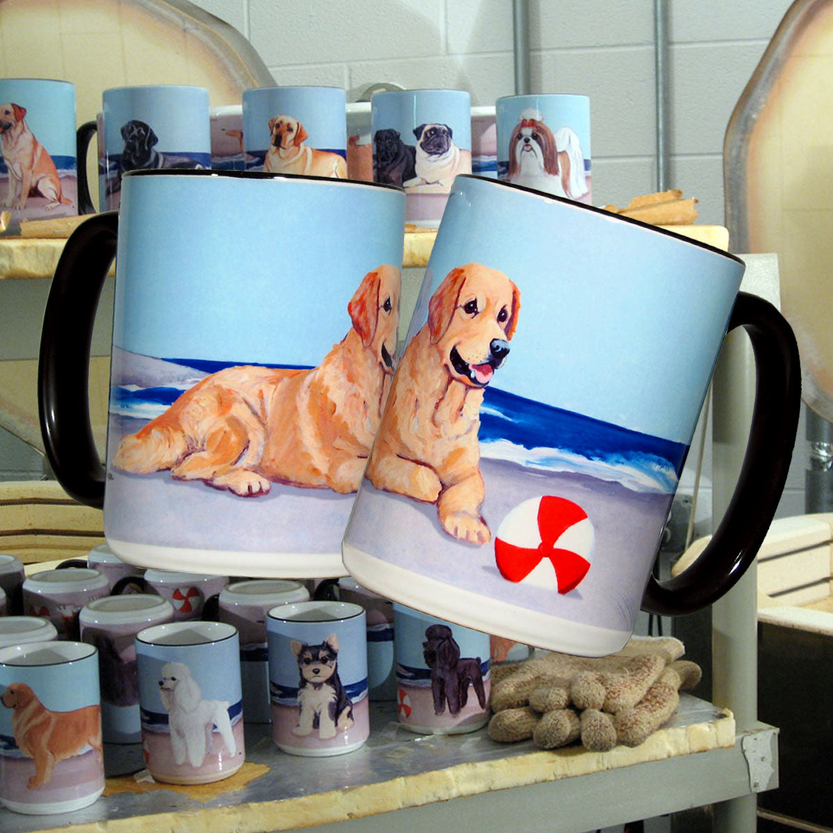 Dog breeds on scenic background mugs.