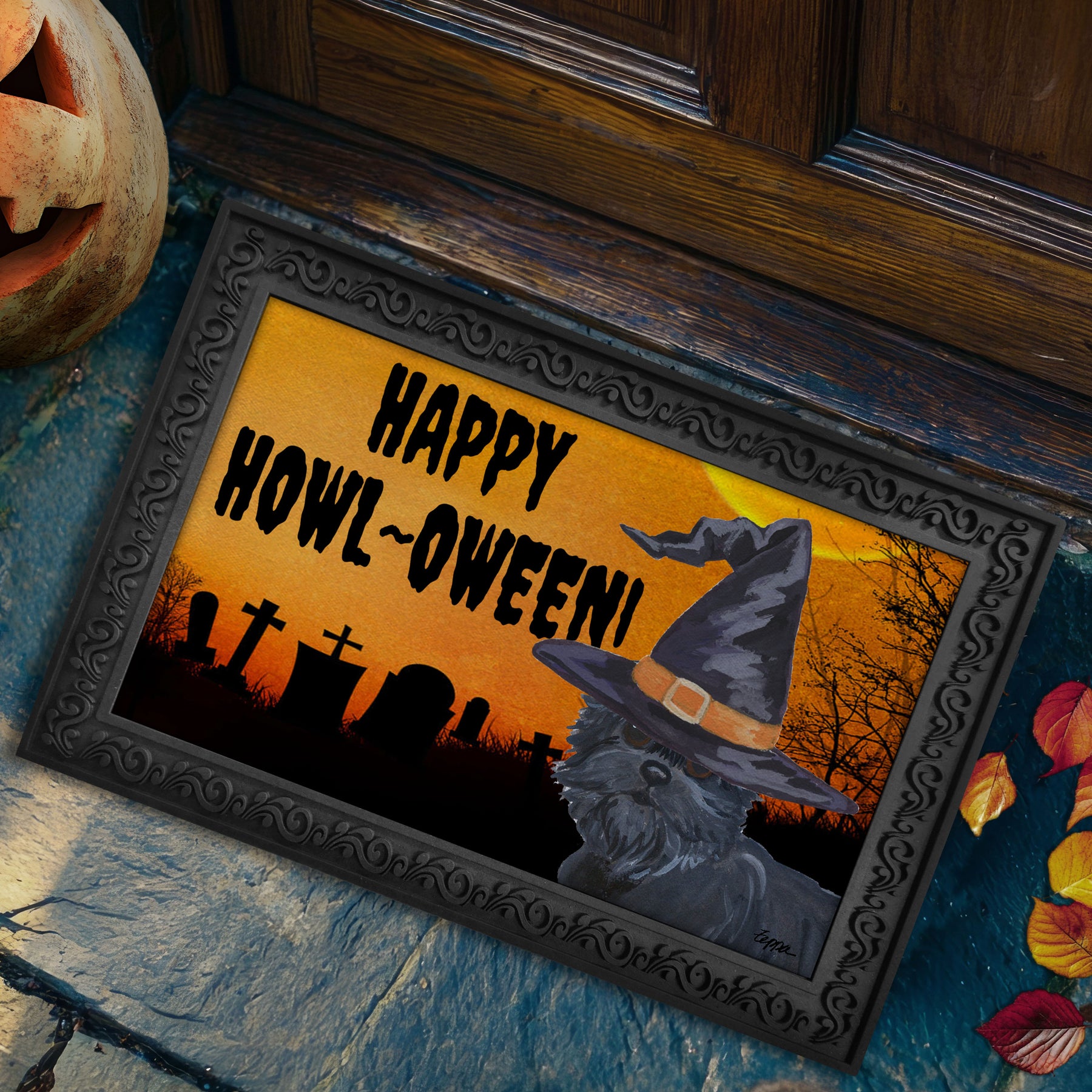 Halloween-themed doormat with a Affenpinscher wearing a witch hat and 'Happy Howl-Oween!' text on a doorstep.