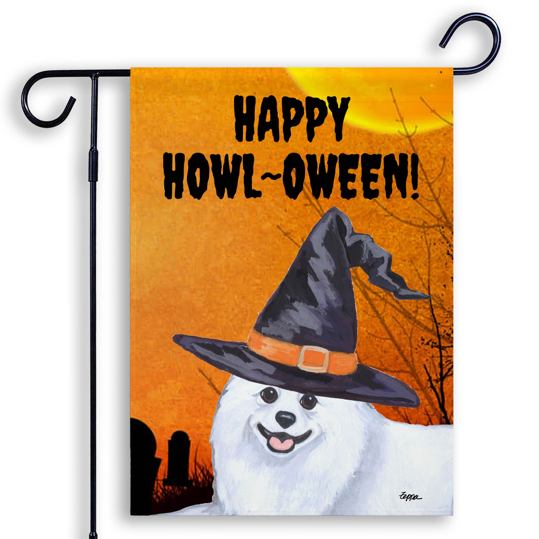 Halloween-themed garden flag with an American Eskimo Dog wearing a witch hat and 'Happy Howl-Oween!' text on an orange background.