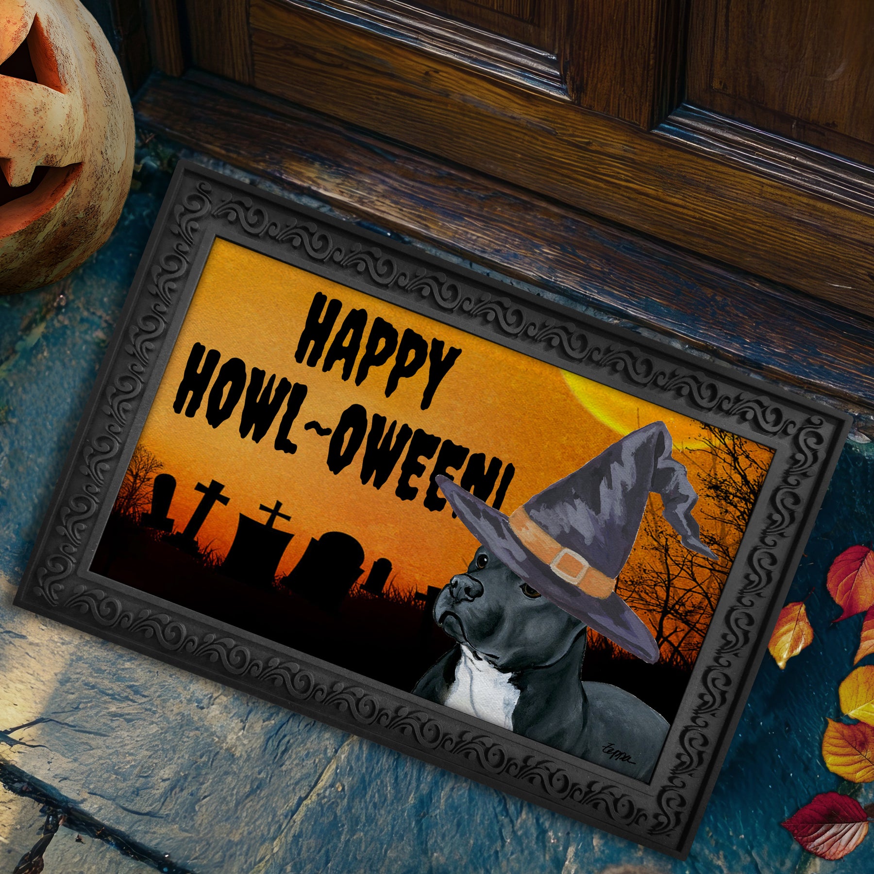 Halloween-themed doormat with a Pit Bull wearing a witch hat and 'Happy Howl-Oween!' text.
