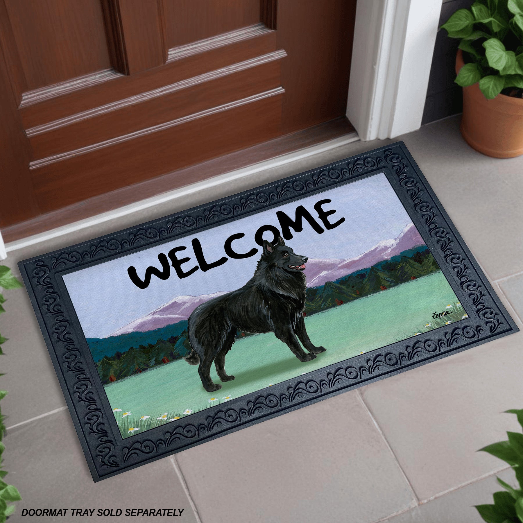 Belgian Shepherd Mountain Scene Welcome Mat