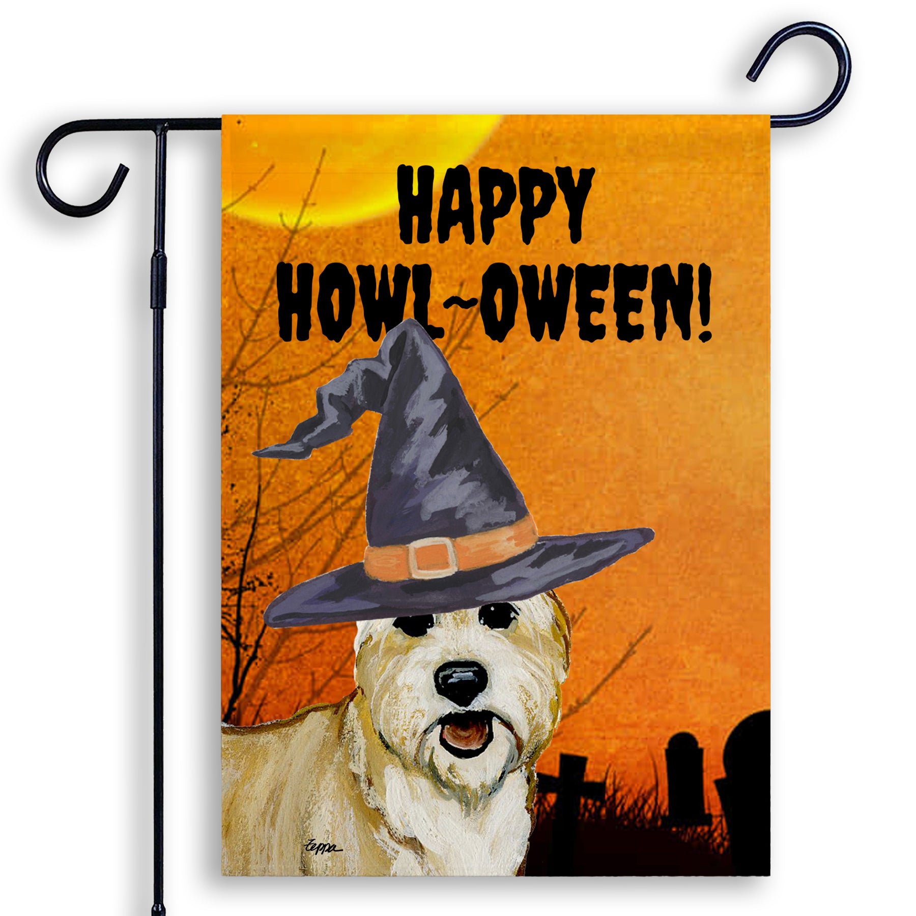 Halloween-themed garden flag with a Berger Picard wearing a witch hat and 'Happy Howl-Oween!' text on an orange background.