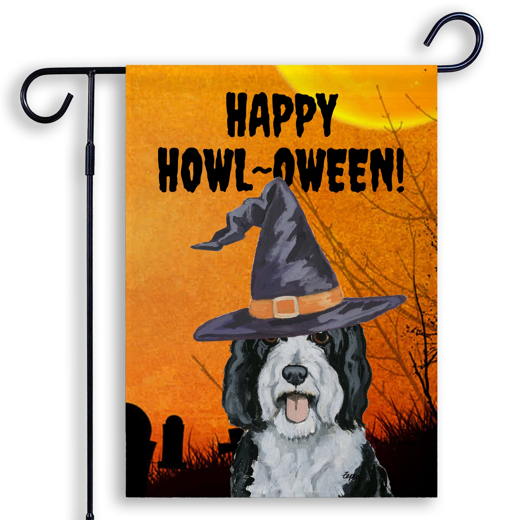 Halloween-themed garden flag with a Bernedoodle wearing a witch hat and 'Happy Howl-Oween!' text on an orange background.