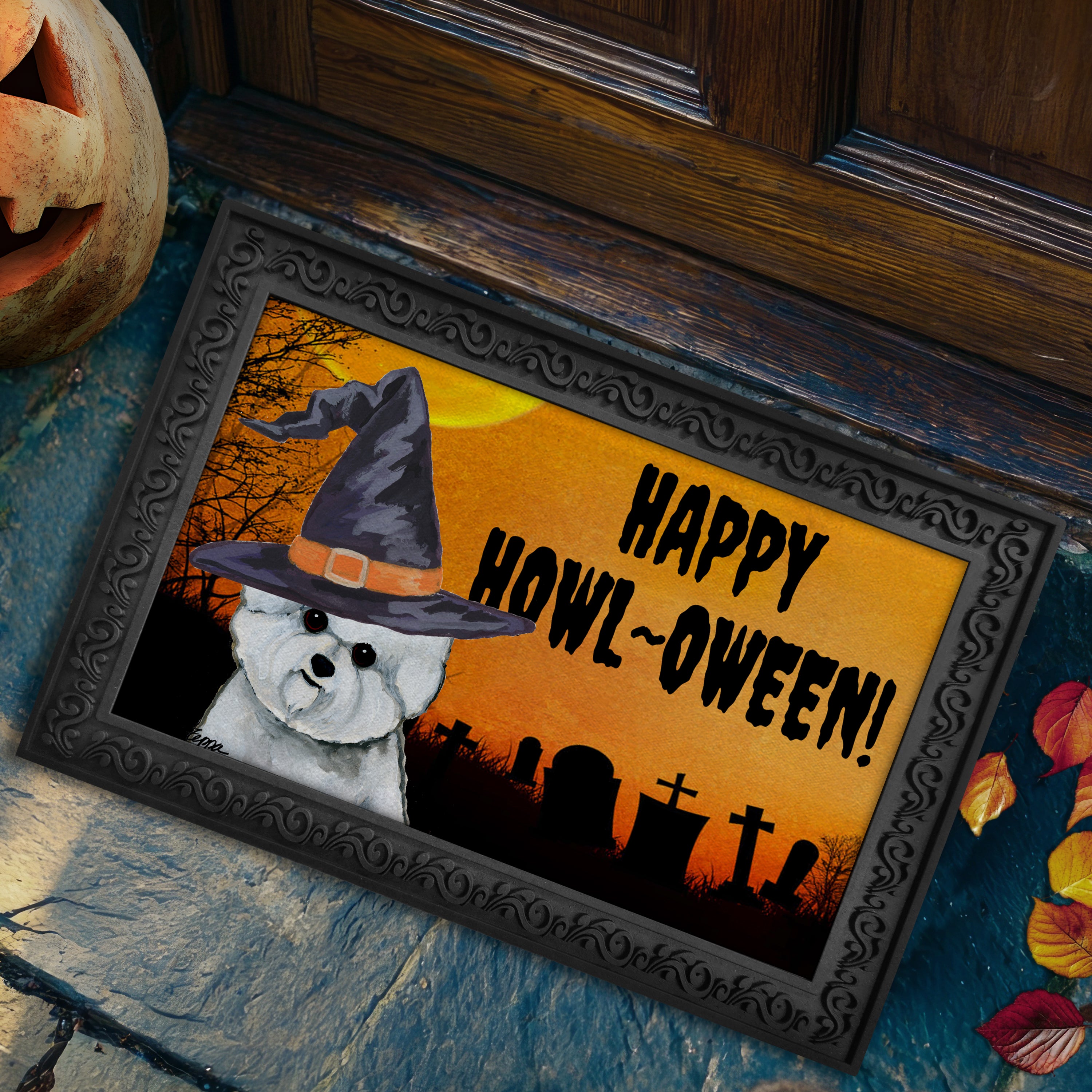 Halloween-themed doormat with a Bichon Frise wearing a witch hat and 'Happy Howl-Oween!' text on a doorstep.
