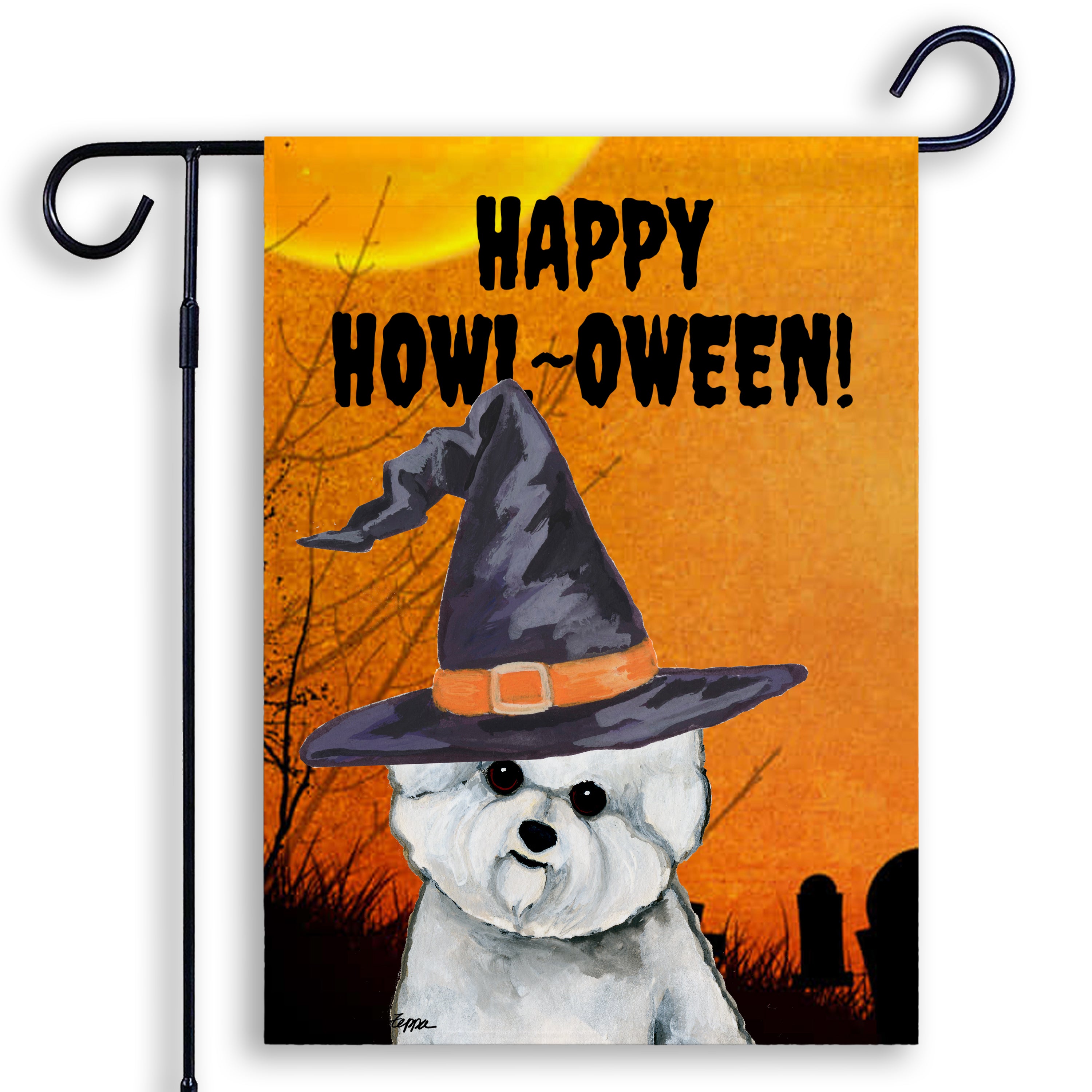 Halloween-themed garden flag with a Bichon Frise wearing a witch hat and 'Happy Howl-Oween!' text on an orange background.