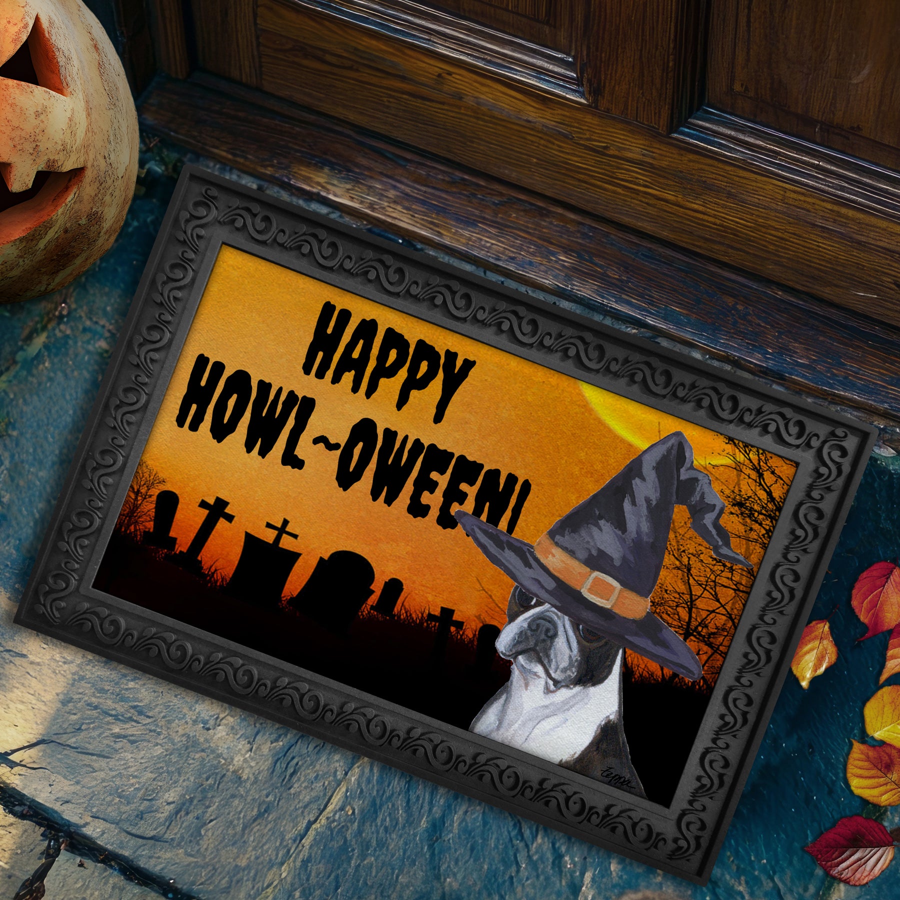Halloween-themed doormat with a Boston Terrier wearing a witch hat and 'Happy Howl-Oween!' text on a doorstep.