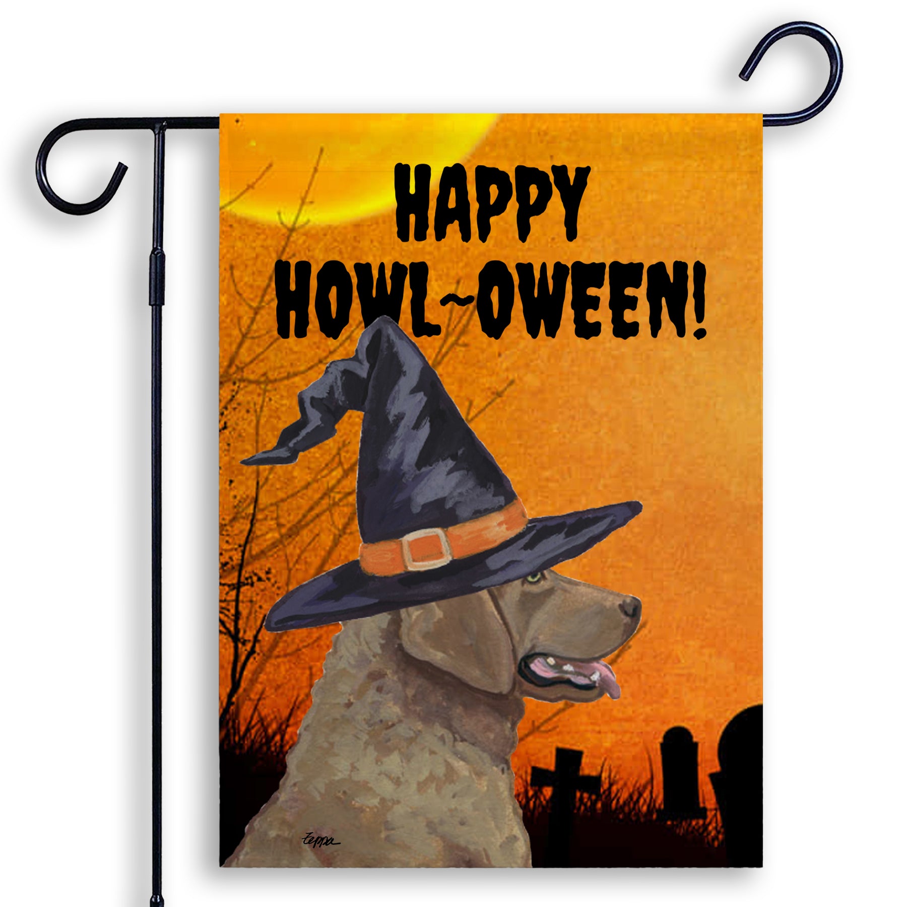 Halloween-themed garden flag with a Chesapeake Bay Retriever wearing a witch hat and 'Happy Howl-Oween!' text on an orange background.