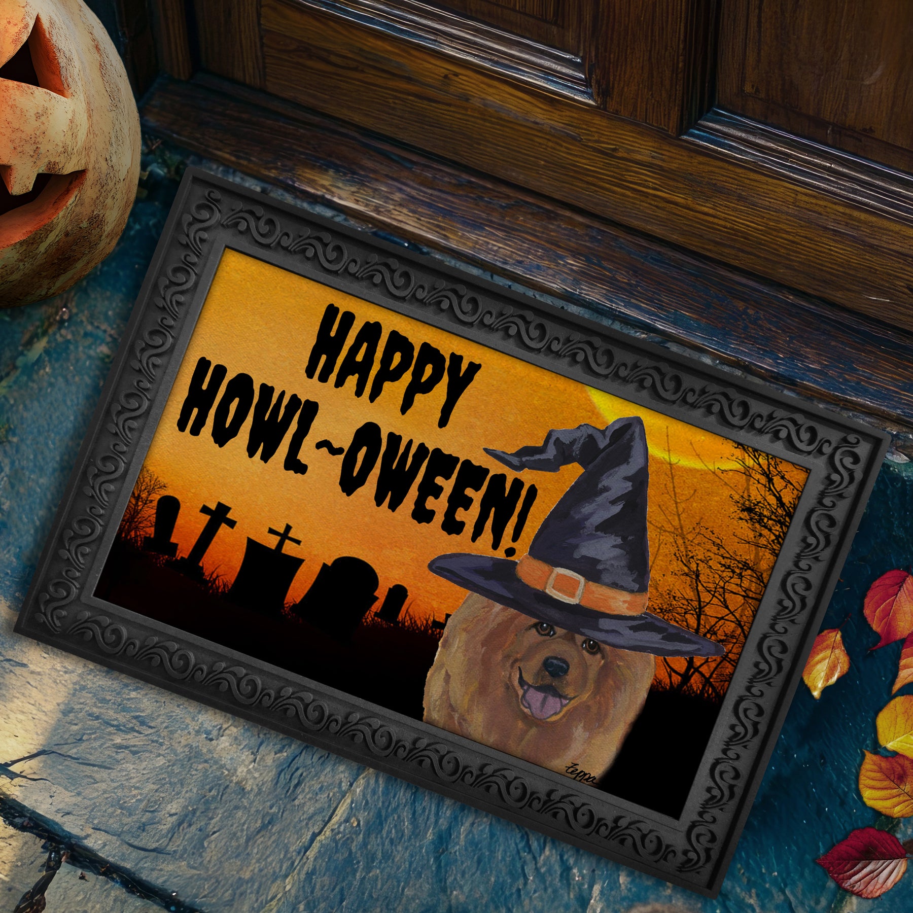 Halloween-themed doormat with a Chow Chow wearing a witch hat and 'Happy Howl-Oween!' text on a doorstep.