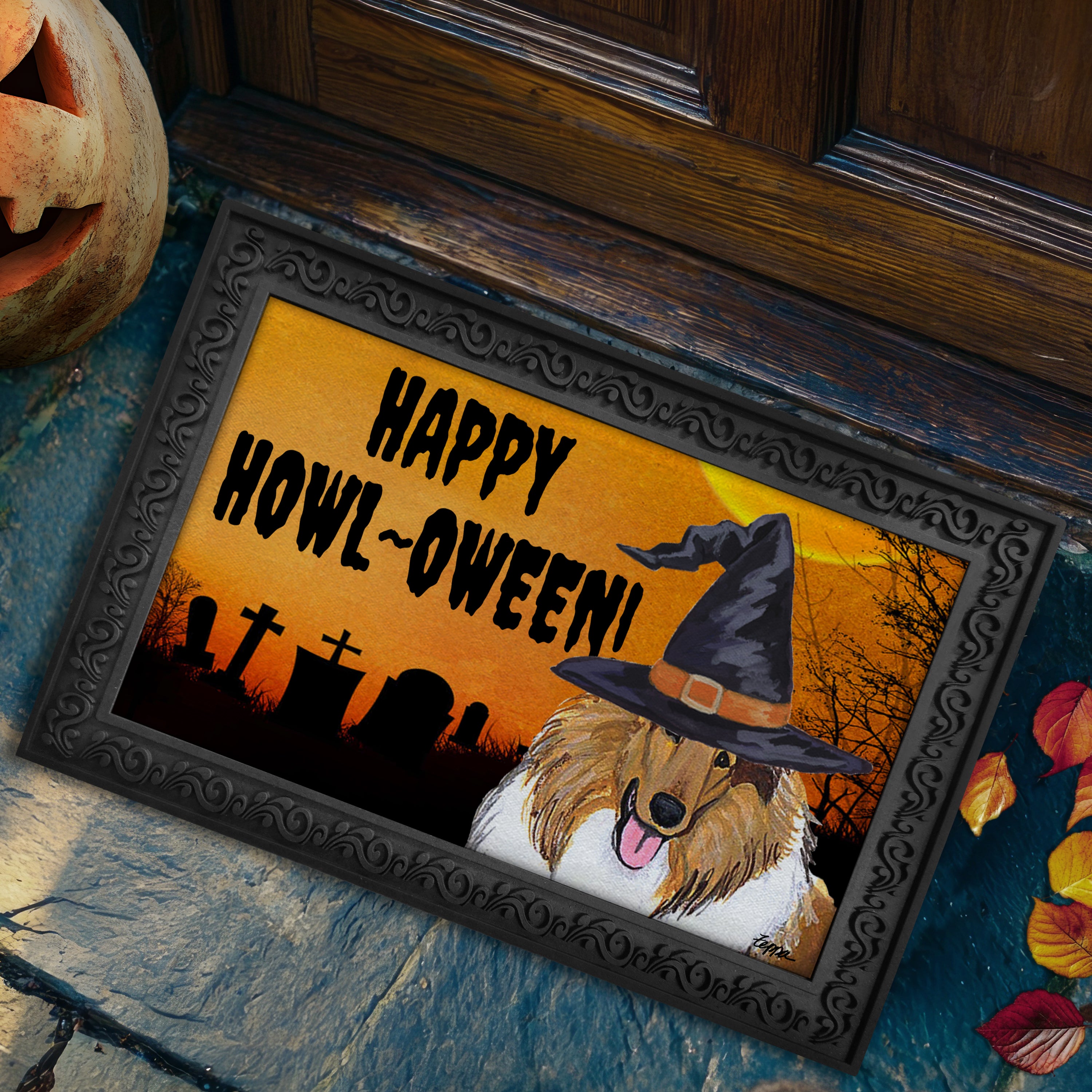 Halloween-themed doormat with a Collie wearing a witch hat and 'Happy Howl-Oween!' text on a doorstep.
