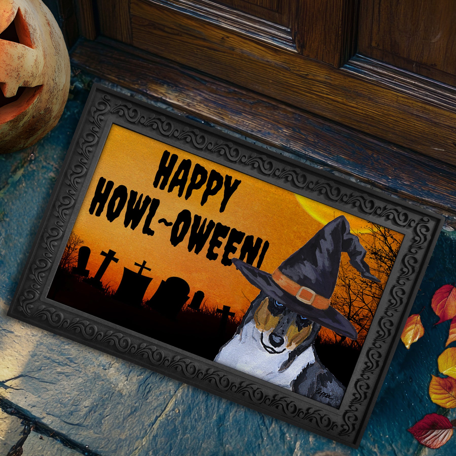 Halloween-themed doormat with a Collie wearing a witch hat and 'Happy Howl-Oween!' text on a doorstep.