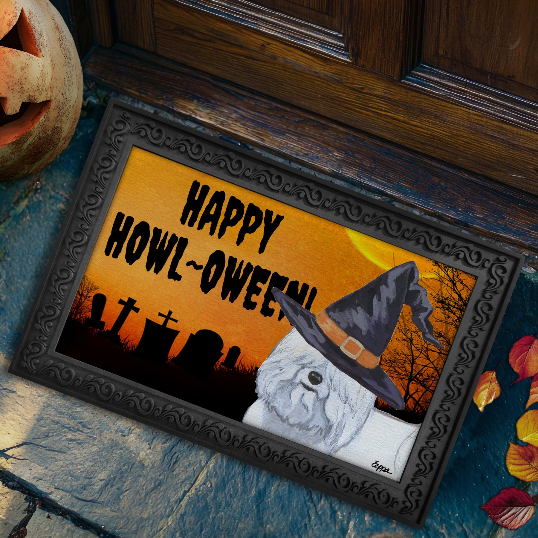 Halloween-themed doormat with a Coton du Tulear wearing a witch hat and 'Happy Howl-Oween!' text on a doorstep.