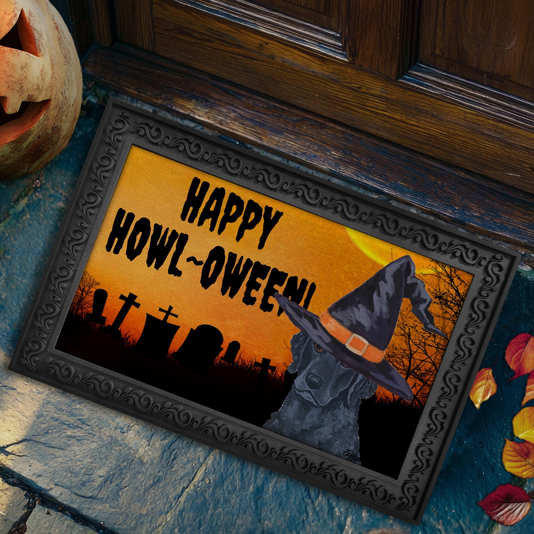 Halloween-themed doormat with a Curly Coated Retriever wearing a witch hat and 'Happy Howl-Oween!' text on a doorstep.