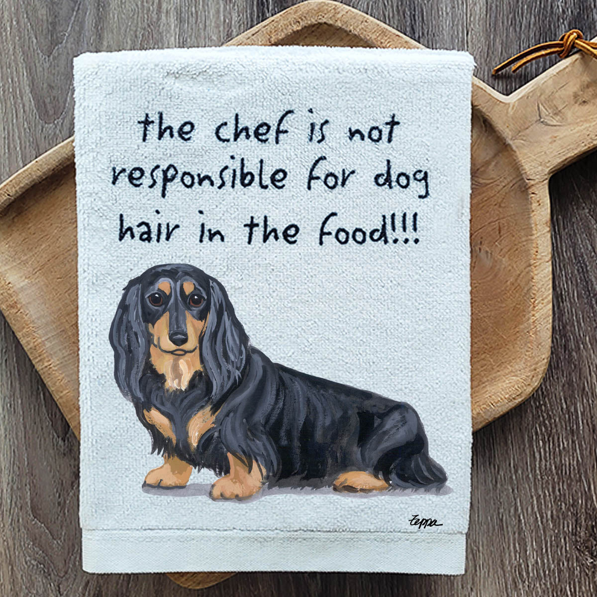 Pawsitively Adorable Black and Tan Longhaired Dachshund Kitchen Towel