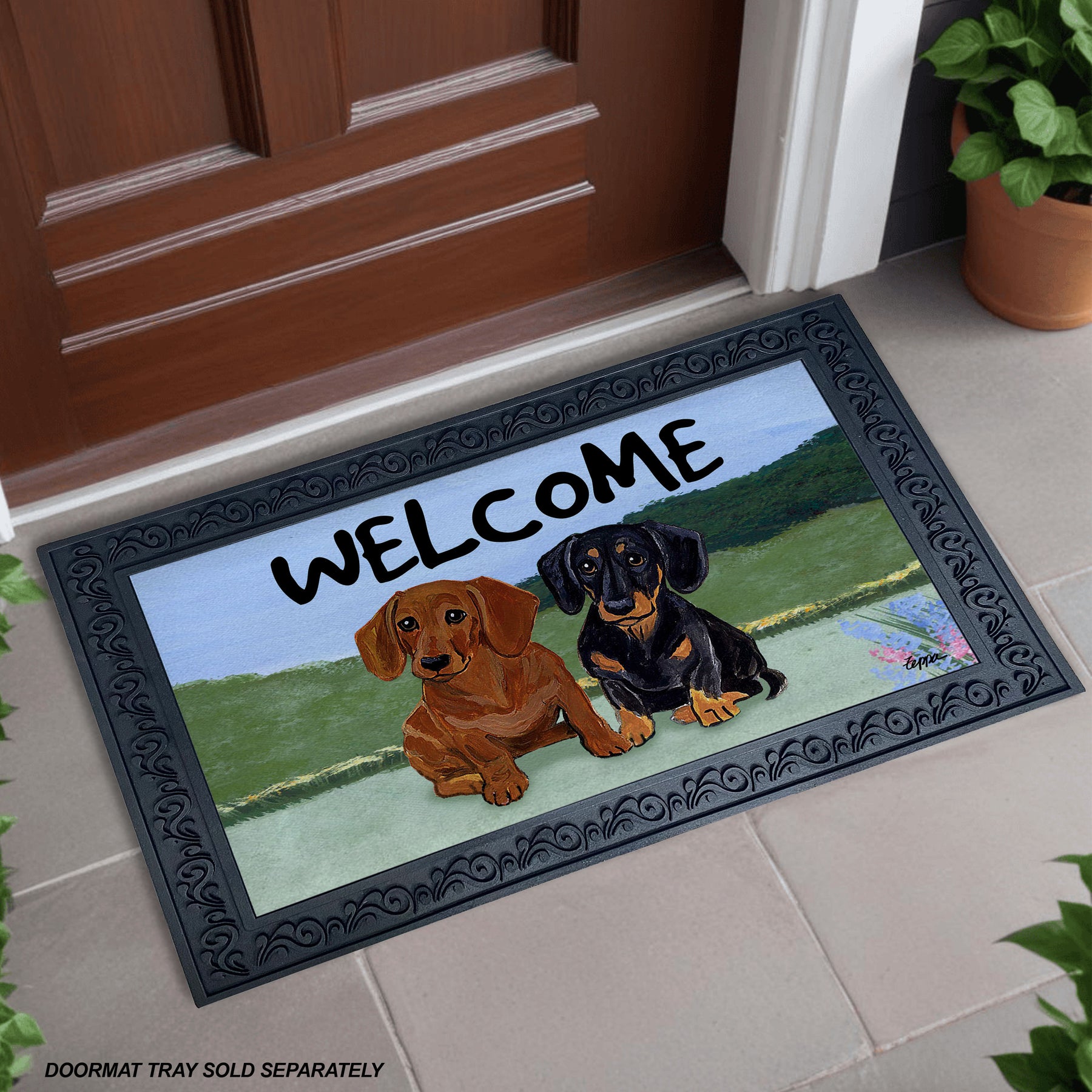 Dachshund PairYard Scene Welcome Mat