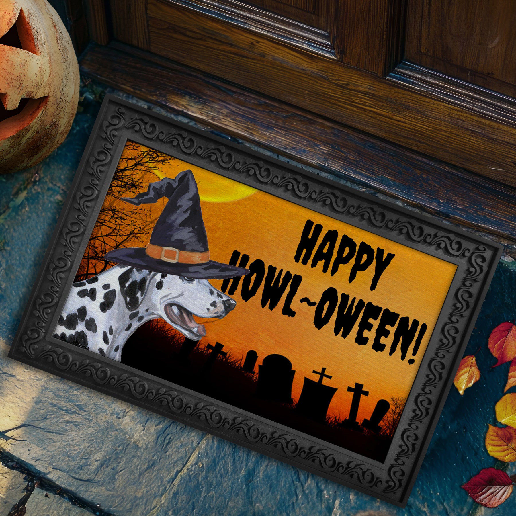 Halloween-themed doormat with a Dalmatian wearing a witch hat and 'Happy Howl-Oween!' text on a doorstep.