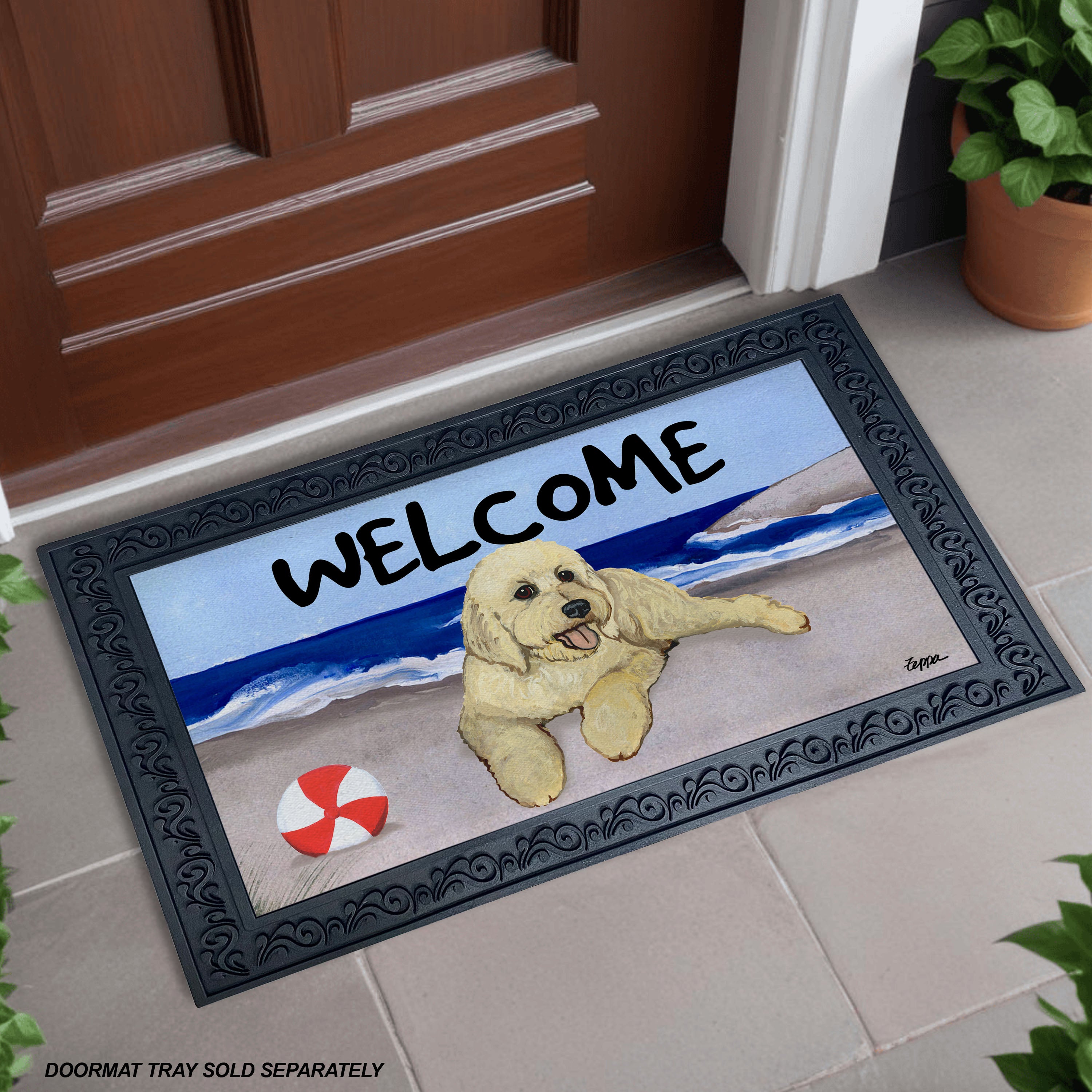 Golden Doodle Beach Scene Welcome Mat