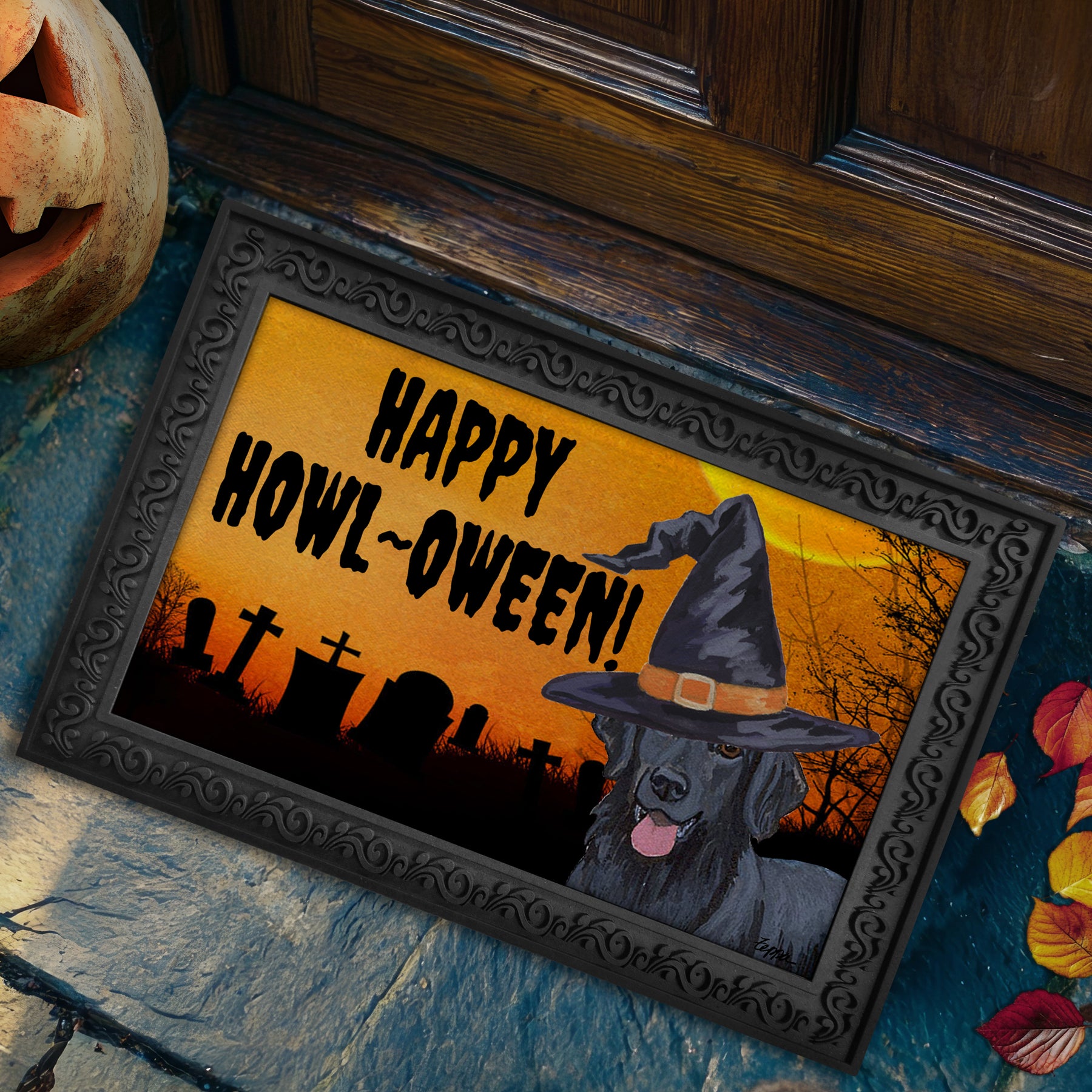Halloween-themed doormat with a Flat Coated Retriever wearing a witch hat and 'Happy Howl-Oween!' text, placed on a stone surface.
