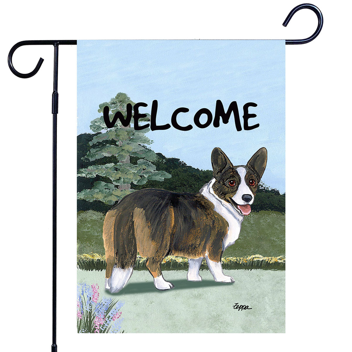 Brindle Cardigan Welsh Corgi in the yard Welcome garden flag.