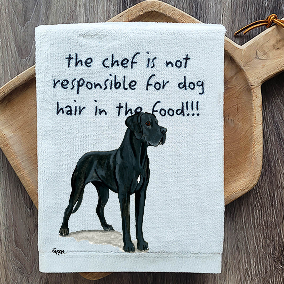 Pawsitively Adorable Uncropped Black Great Dane Kitchen Towel