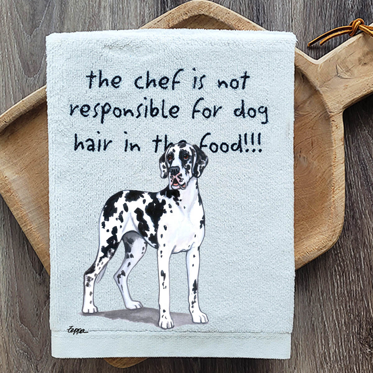 Pawsitively Adorable Uncropped Harlequin Great Dane Kitchen Towel