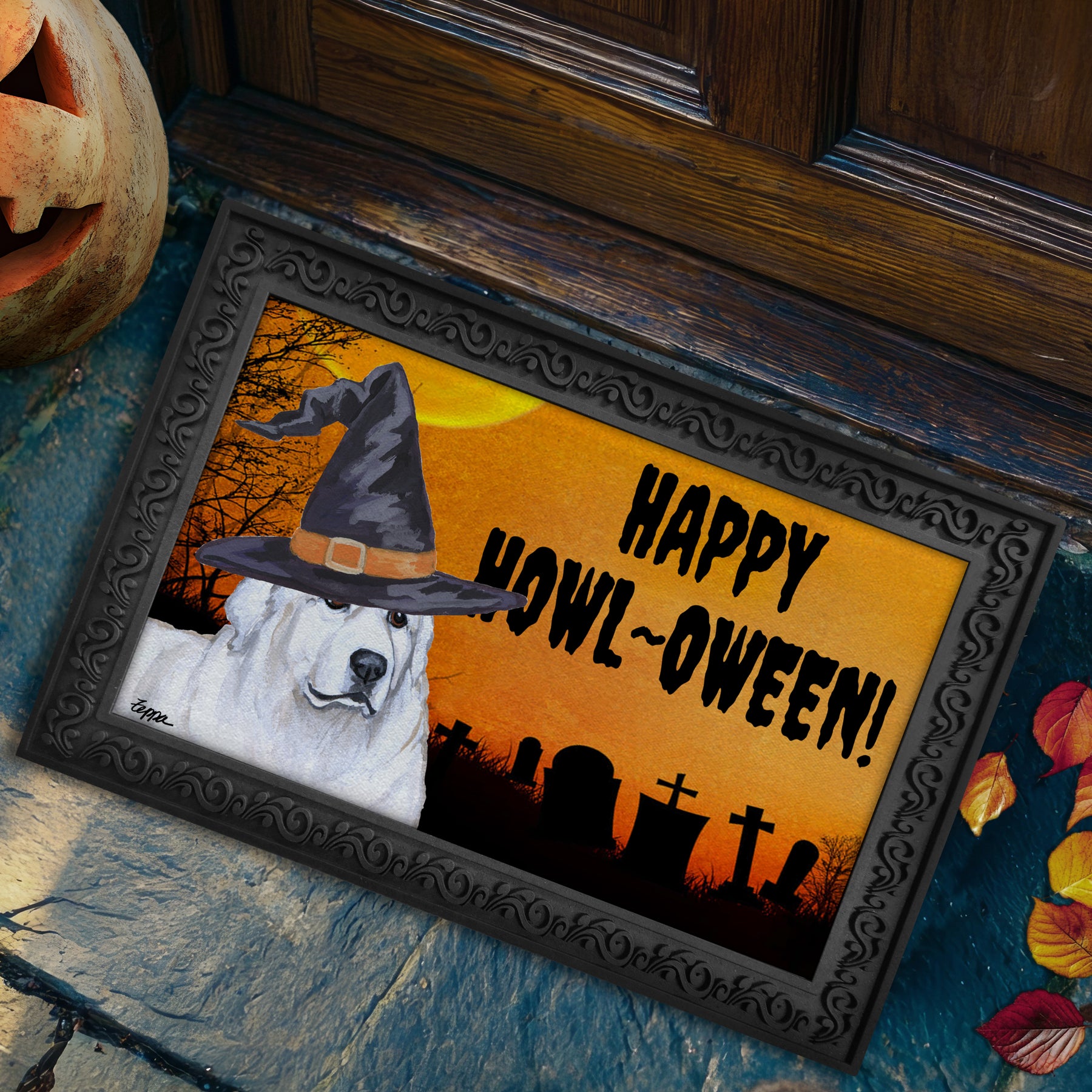 Halloween-themed doormat with a Great Pyrenees wearing a witch hat and 'Happy Howl-Oween!' text, placed on a stone surface.