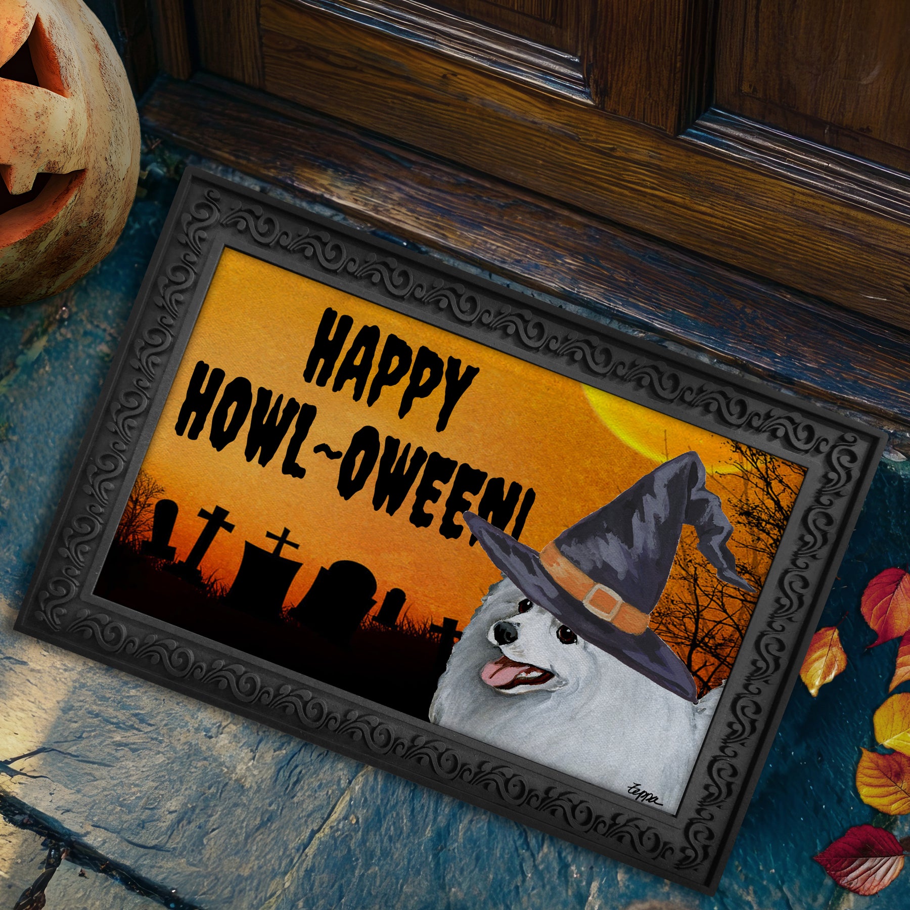 Japanese Spitz in a witch's hat on a Happy Howl-ween doormat.
