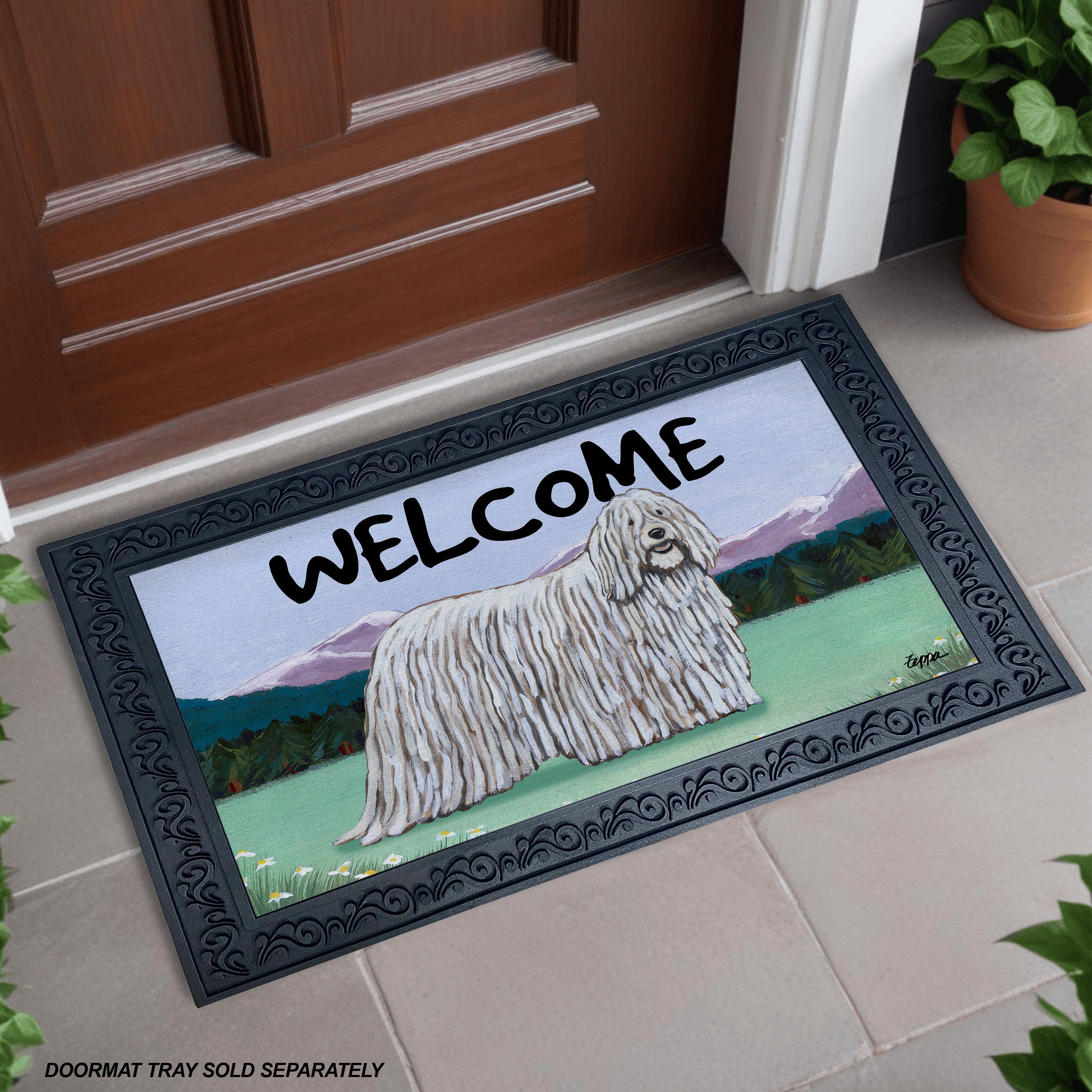 Komondor Mountain Scene Welcome Mat