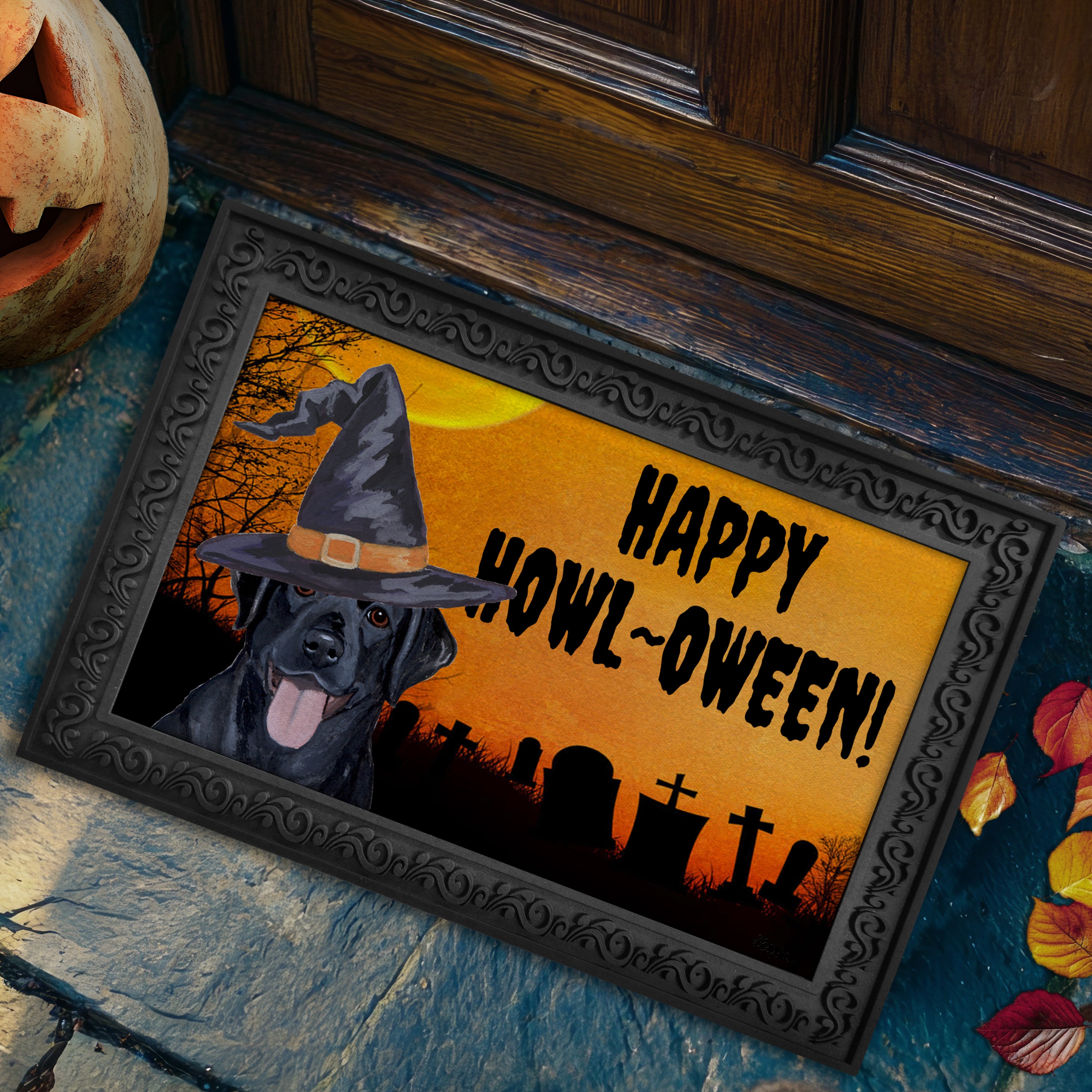 Halloween-themed doormat with a Black Lab wearing a witch hat and 'Happy Howl-Oween!' text, placed on a stone step.