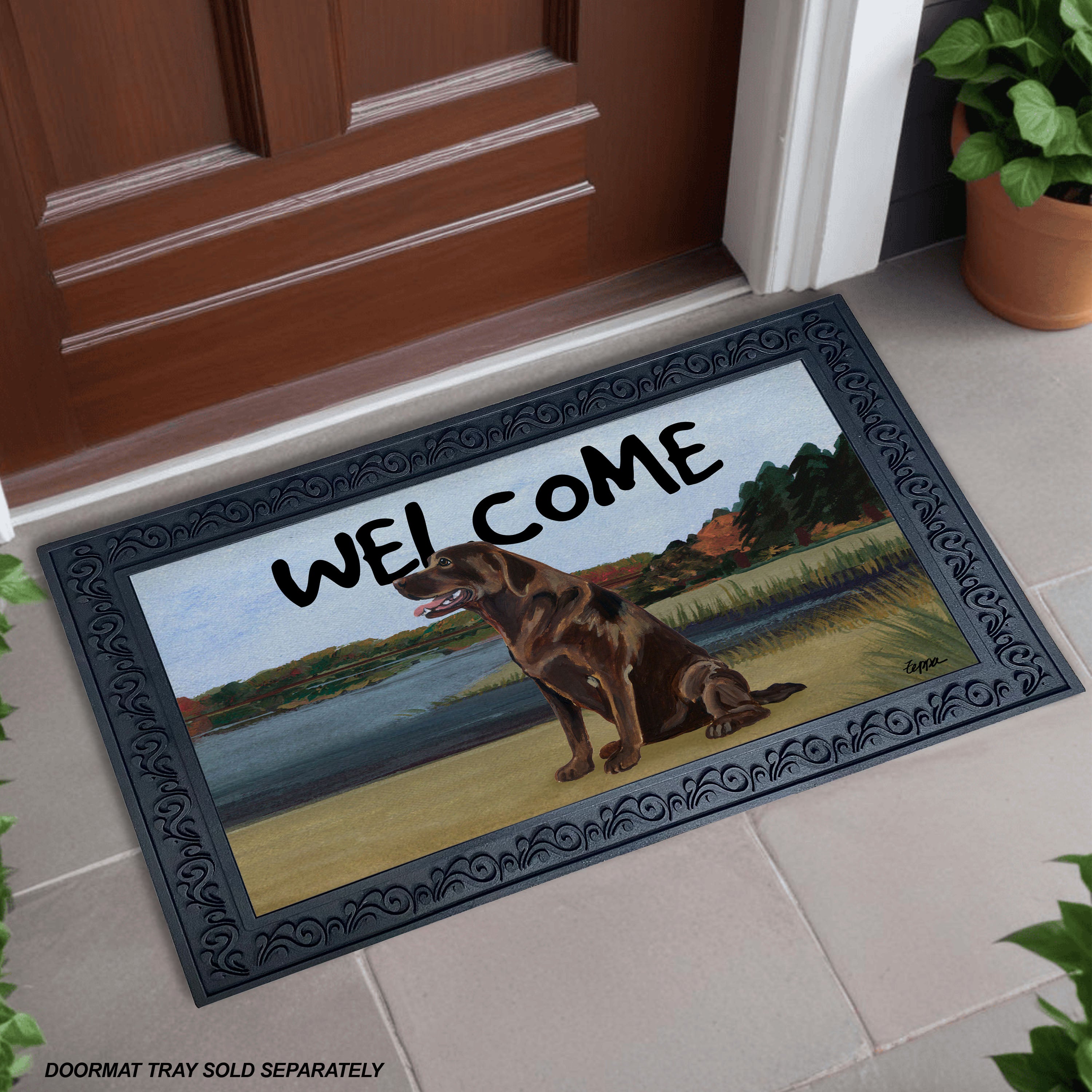 Sitting Chocolate Lab Lake Scene Welcome Mat