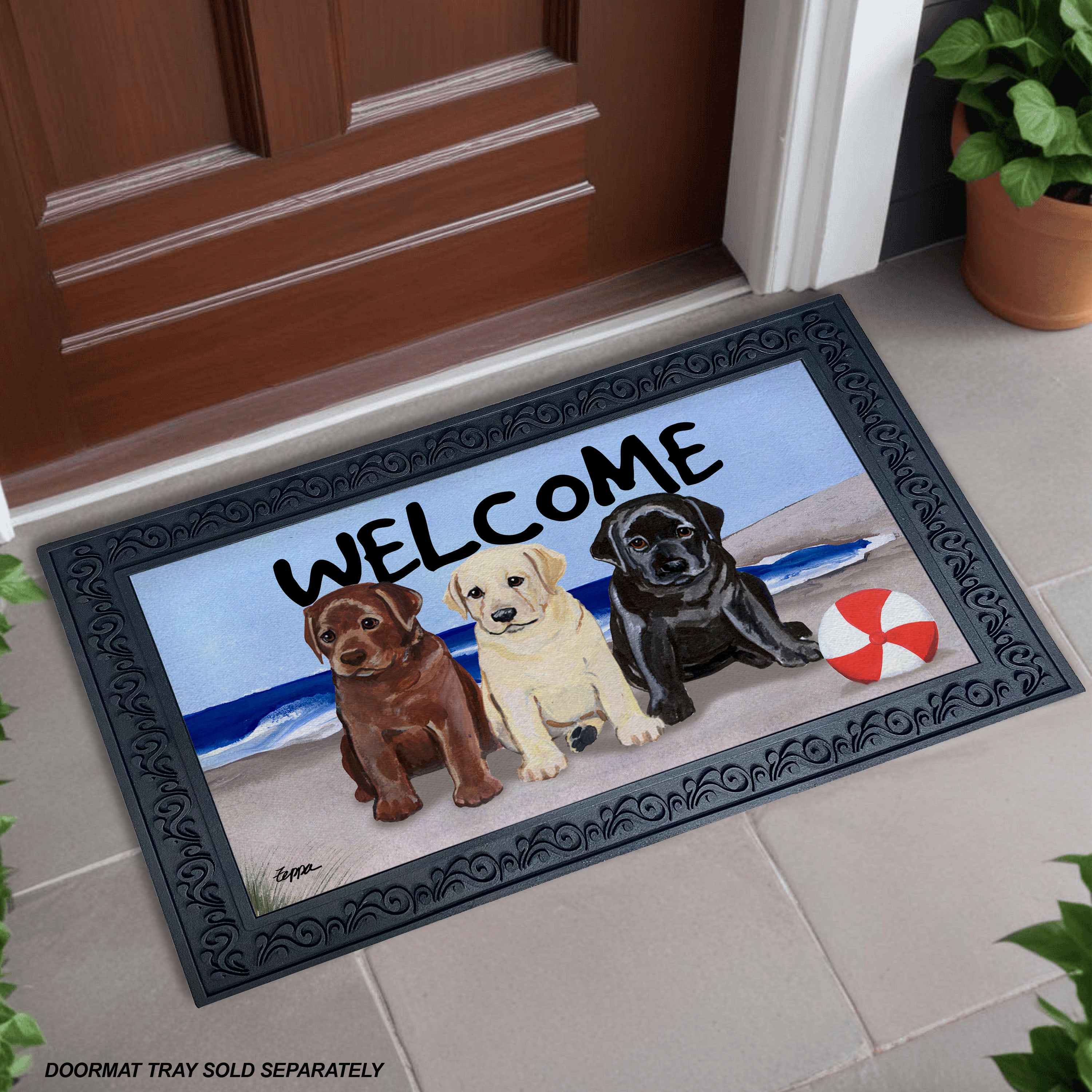 Three Lab Puppies Beach Scene Welcome Mat