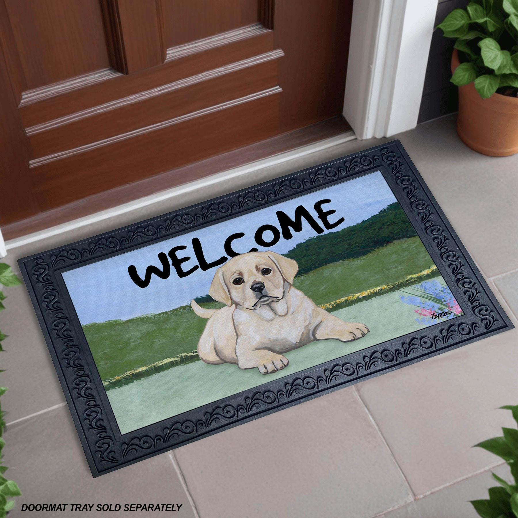 Yellow Lab Puppy Yard Scene Welcome Mat