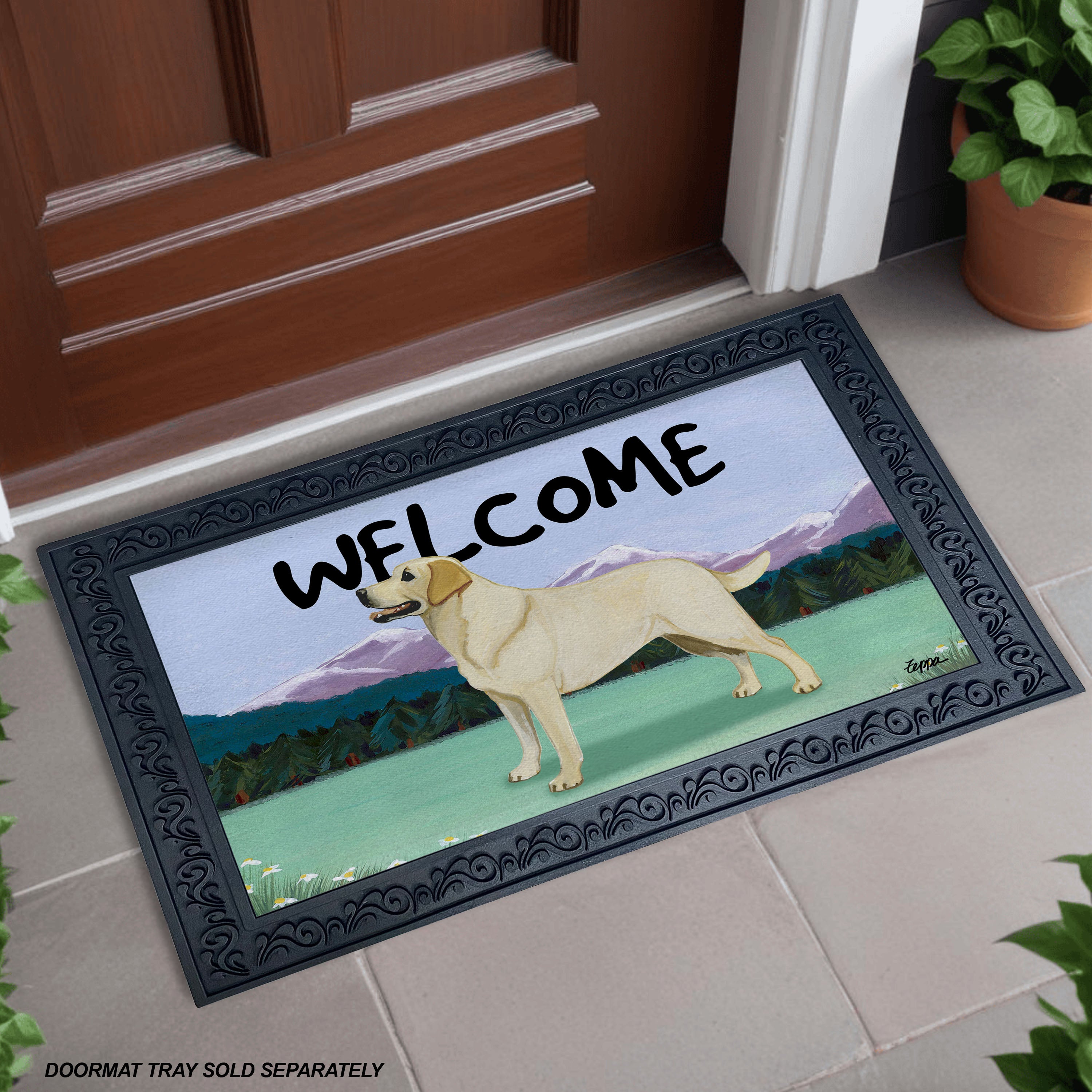 Yellow Lab Standing Mountain Scene Welcome Mat