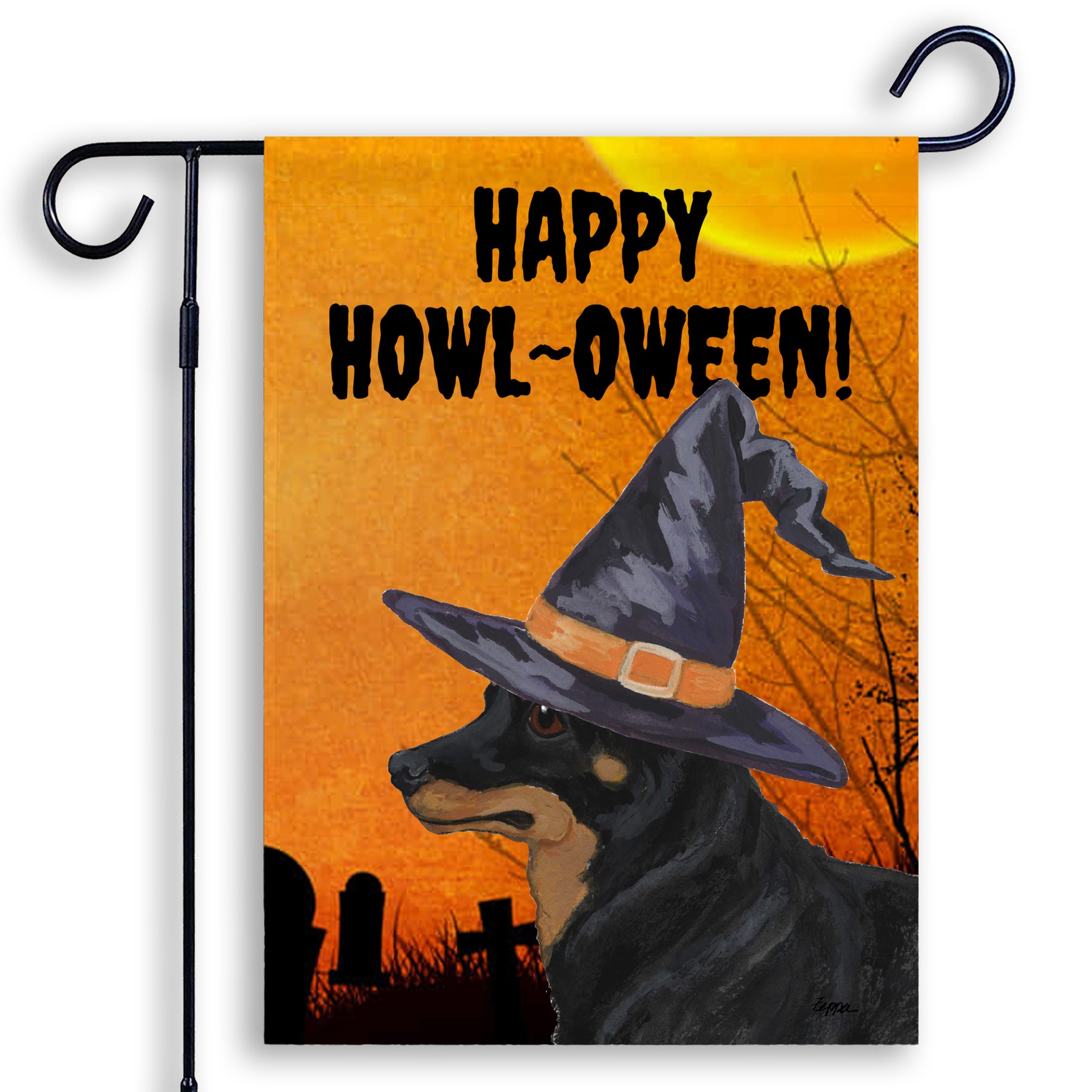 Halloween-themed garden flag with a Lancashire Heeler wearing a witch hat and 'Happy Howl-Oween!' text on an orange background.