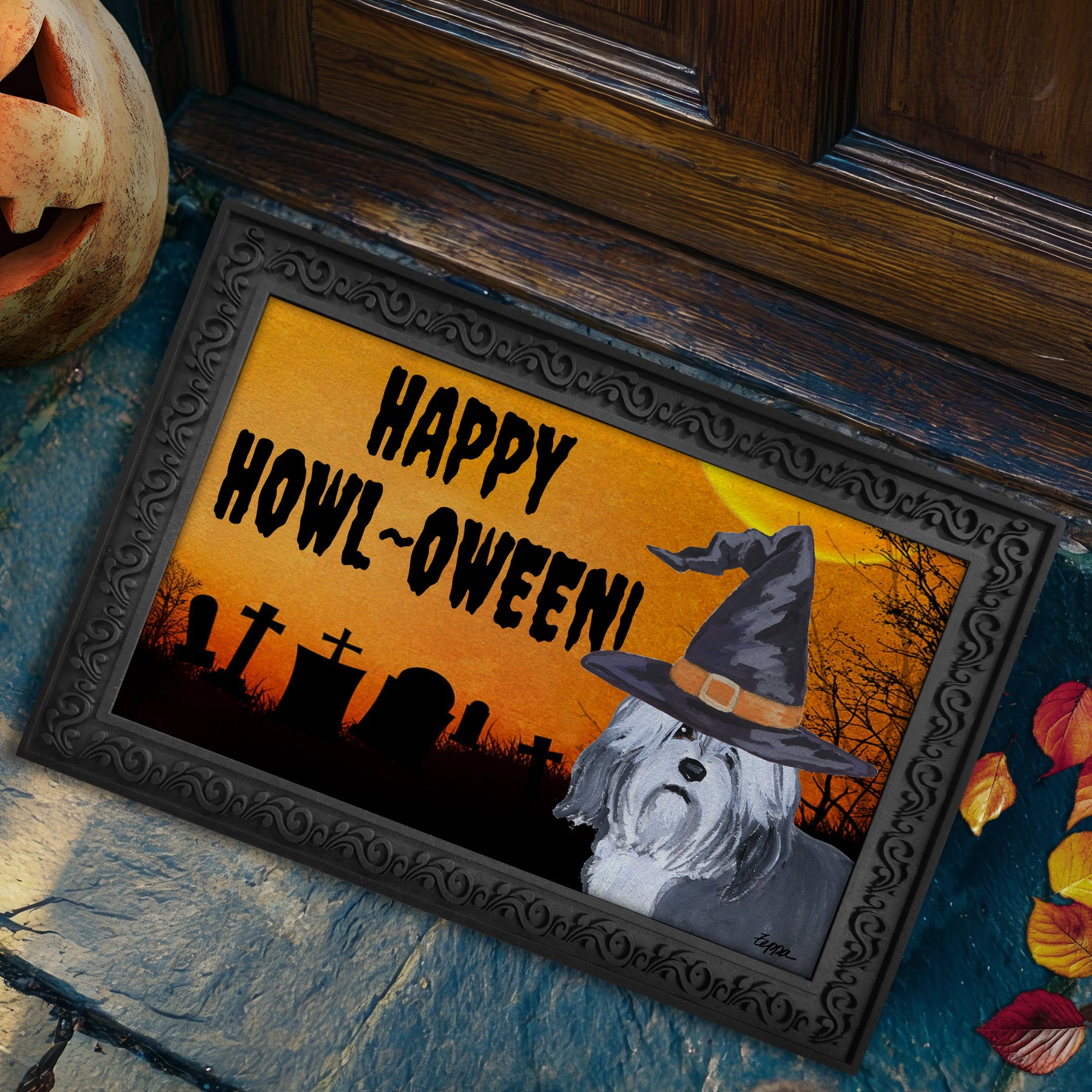 Halloween-themed doormat with a Lowchen wearing a witch hat and 'Happy Howl-Oween!' text, placed on a stone step.