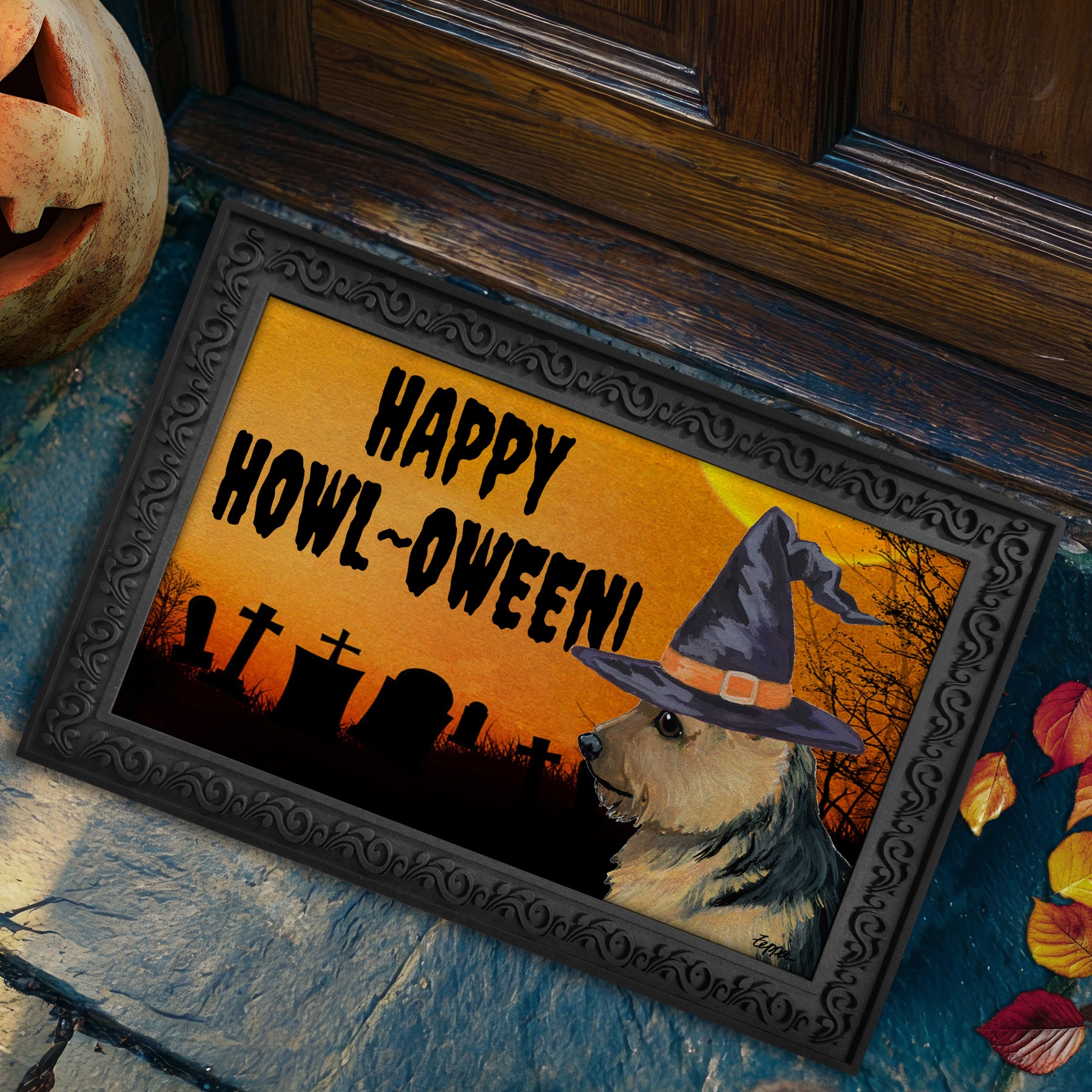 Halloween-themed doormat with a Norwich Terrier wearing a witch hat and 'Happy Howl-Oween!' text, placed on a stone step.