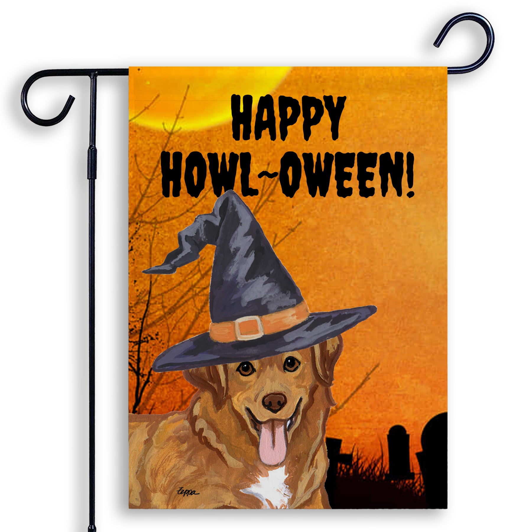 Halloween-themed garden flag with a Nova Scotia Duck Tolling Retriever wearing a witch hat and 'Happy Howl-Oween!' text on an orange background.