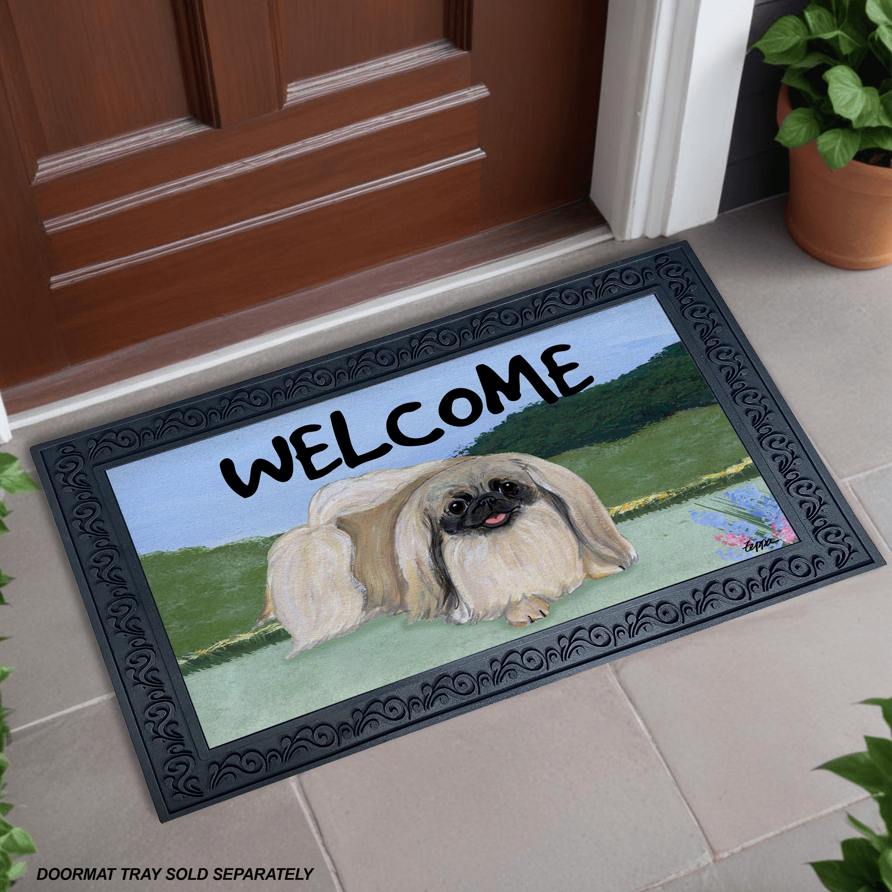 Pekingese Yard Scene Welcome Mat
