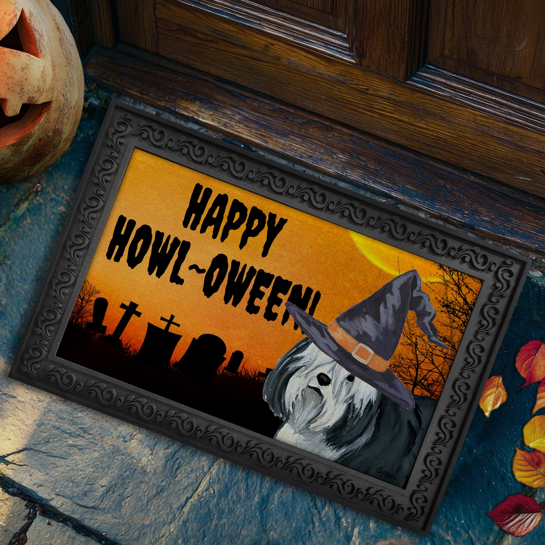 Halloween-themed doormat with aPolish Lowland Sheepdog wearing a witch hat and 'Happy Howl-Oween!' text on a doorstep.