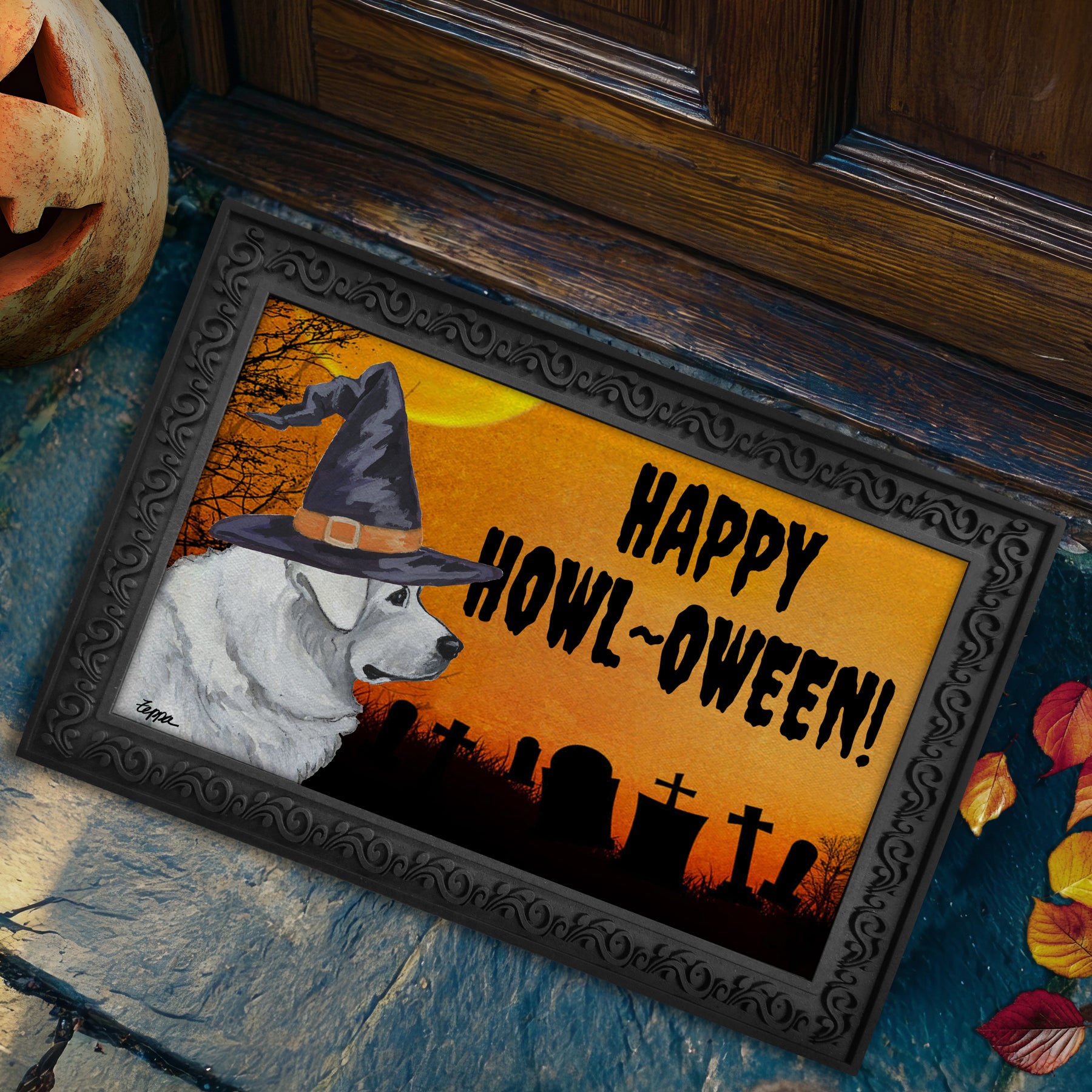 Polish Tatra Sheepdog in a witch's hat on a Happy Howl-ween doormat.