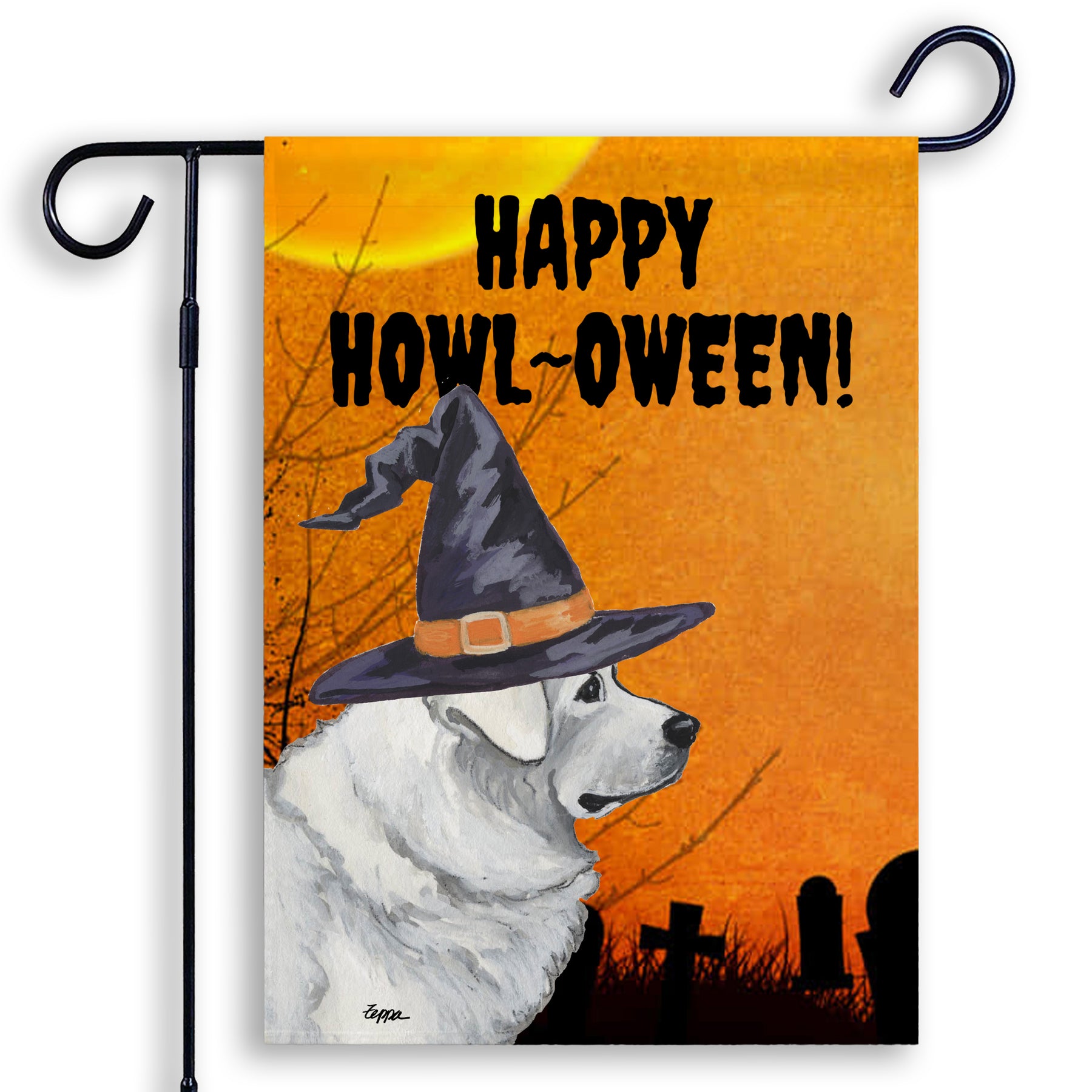 Halloween-themed garden flag with a Polish Tatra Sheepdog wearing a witch hat and 'Happy Howl-Oween!' text.