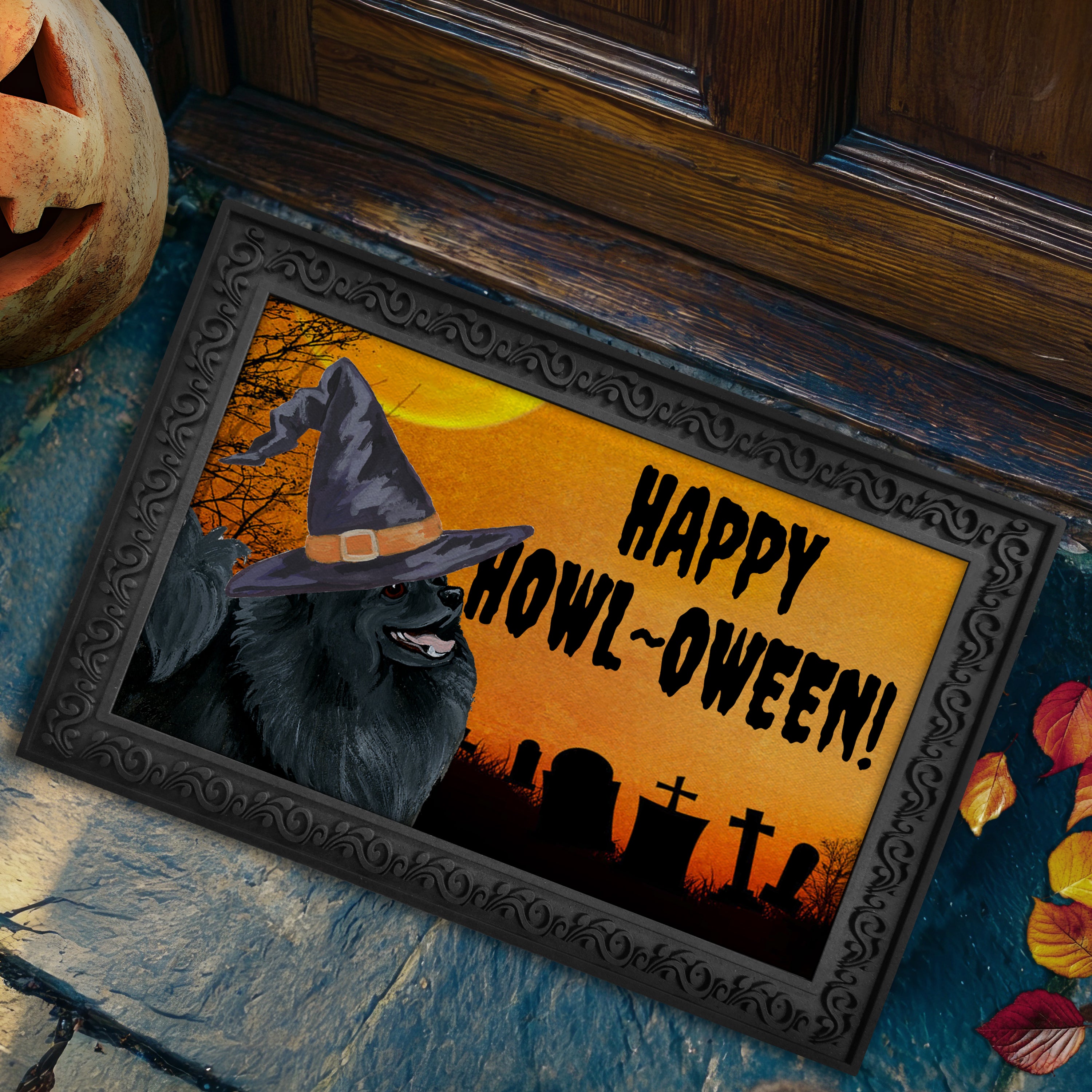 Halloween-themed doormat with a Pomeranian wearing a witch hat and 'Happy Howl-Oween!' text.