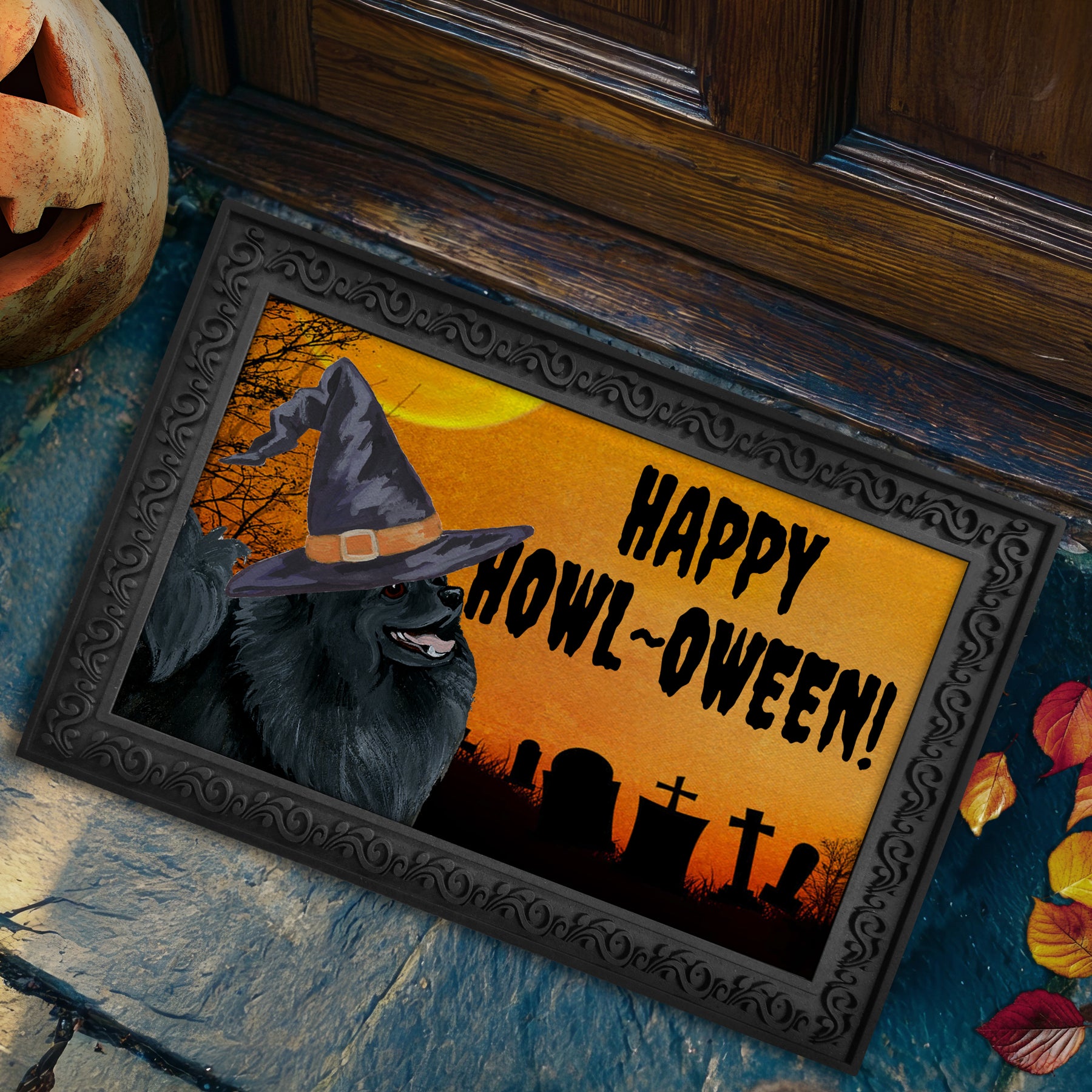 Halloween-themed doormat with a Pomeranian wearing a witch hat and 'Happy Howl-Oween!' text.