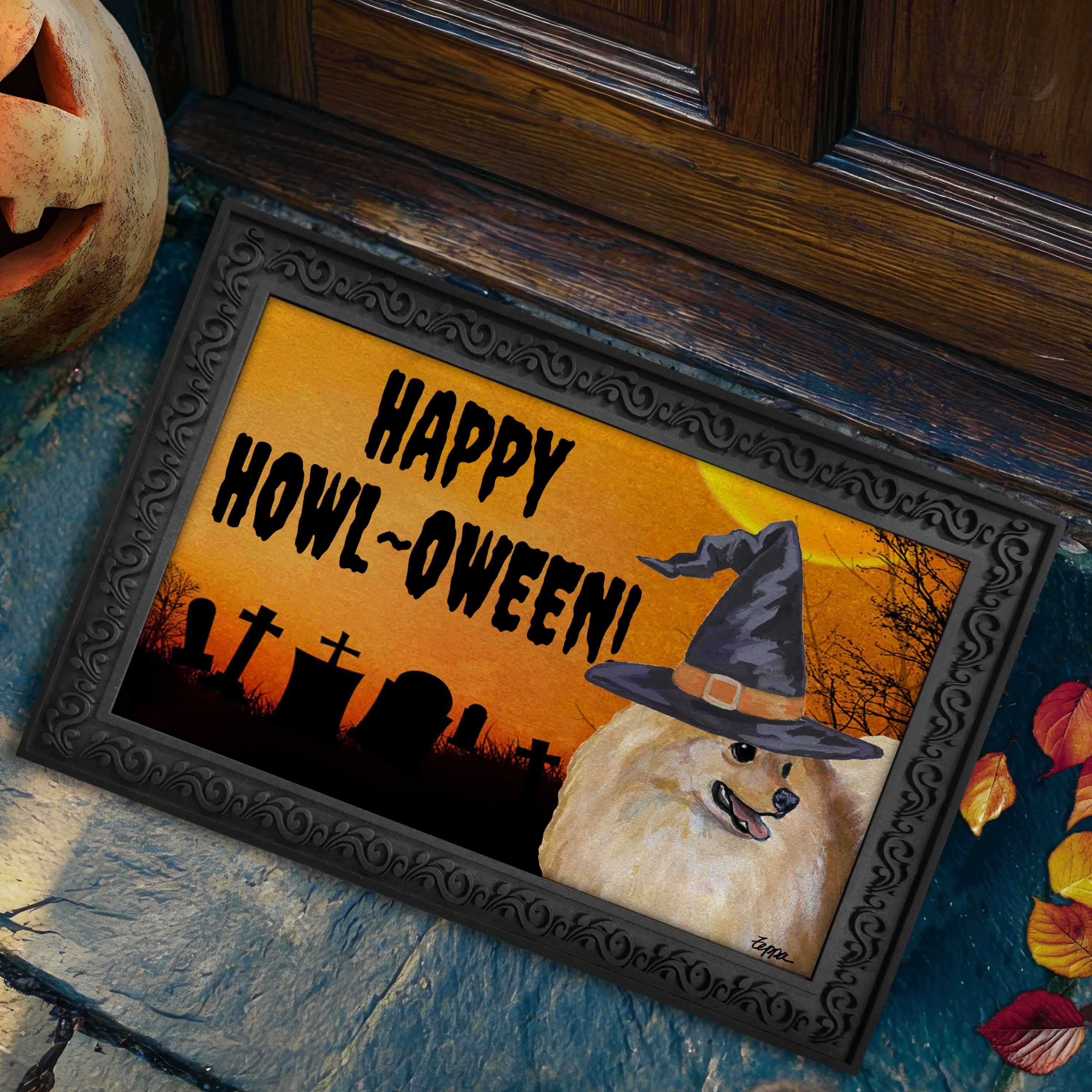 Halloween-themed doormat with a Pomeranian wearing a witch hat and 'Happy Howl-Oween!' text.