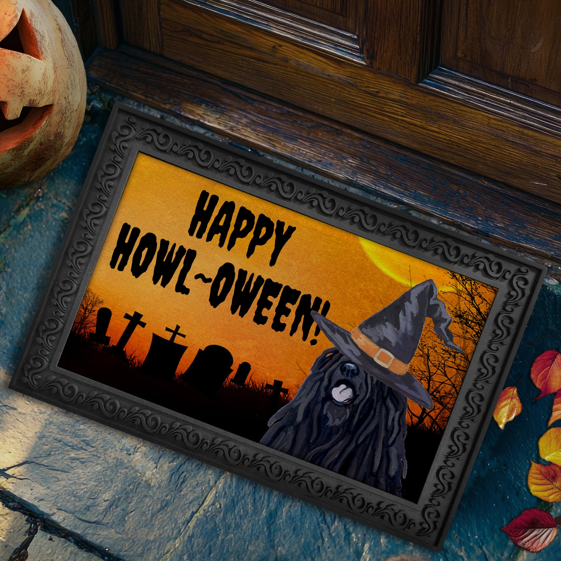 Halloween-themed doormat with a Puli wearing a witch hat and 'Happy Howl-Oween!' text.