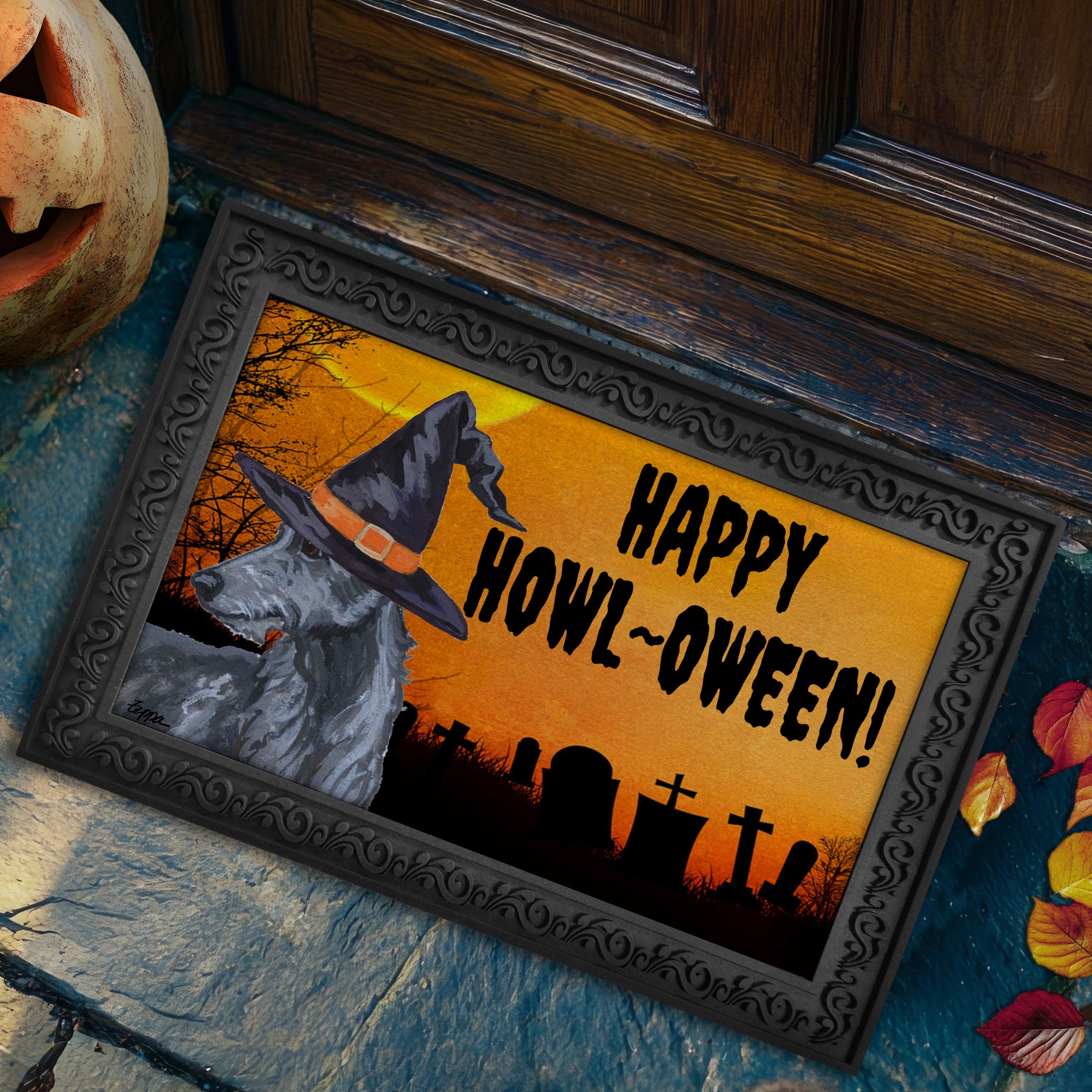 Halloween-themed doormat with a Scottish Deerhound wearing a witch hat and 'Happy Howl-Oween!' text.