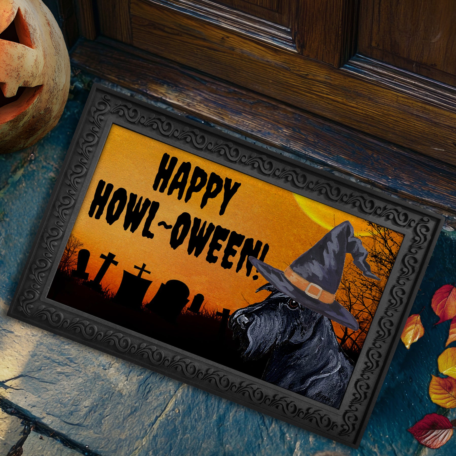 Halloween-themed doormat with a Scottish Terrier wearing a witch hat and 'Happy Howl-Oween!' text.
