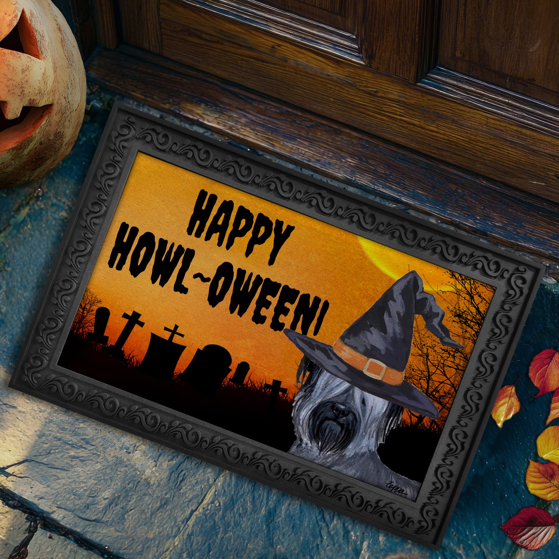 Halloween-themed doormat with a Skye Terrier wearing a witch hat and 'Happy Howl-Oween!' text.