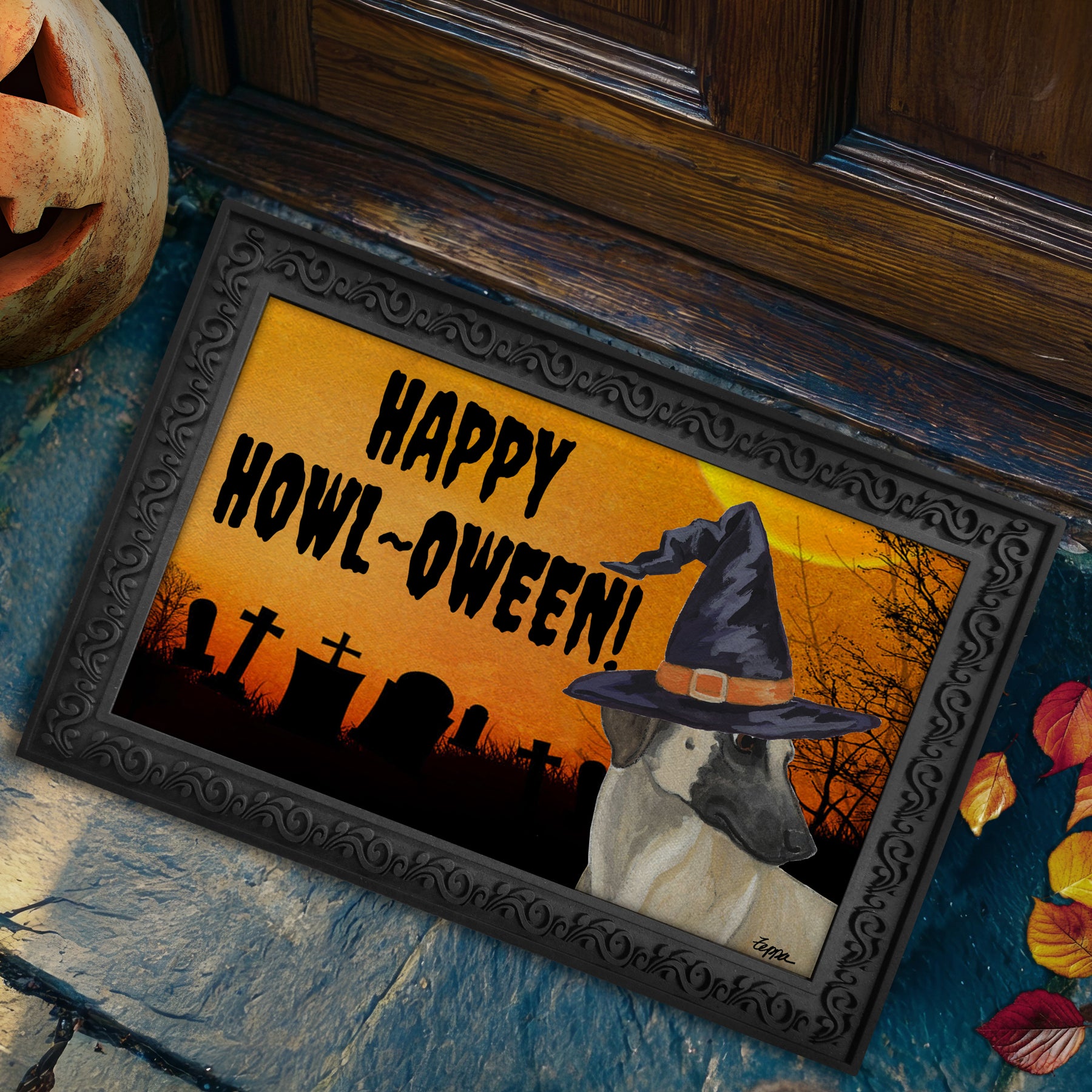 Halloween-themed doormat with a Sloughi wearing a witch hat and 'Happy Howl-Oween!' text.