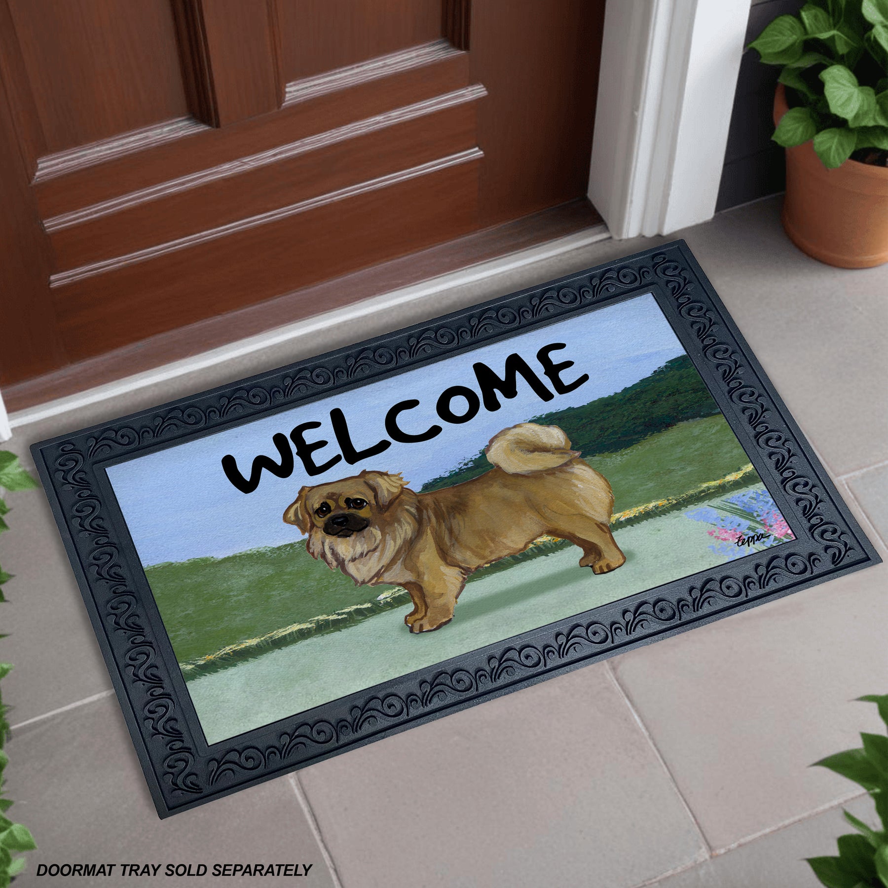 Tibetan Spaniel Yard Scene Welcome Mat