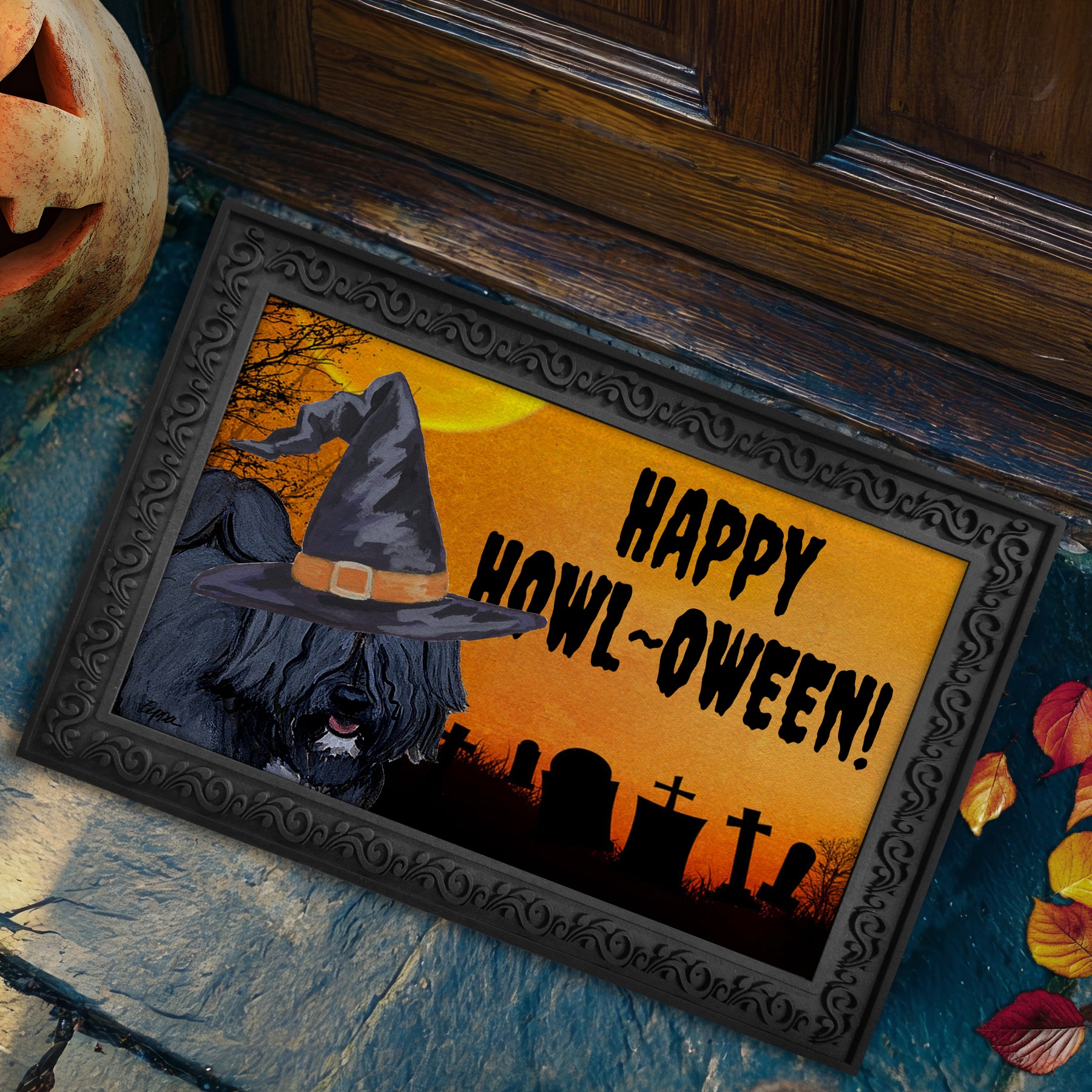 Halloween-themed doormat with a Tibetan Terrier wearing a witch hat and 'Happy Howl-Oween!' text.
